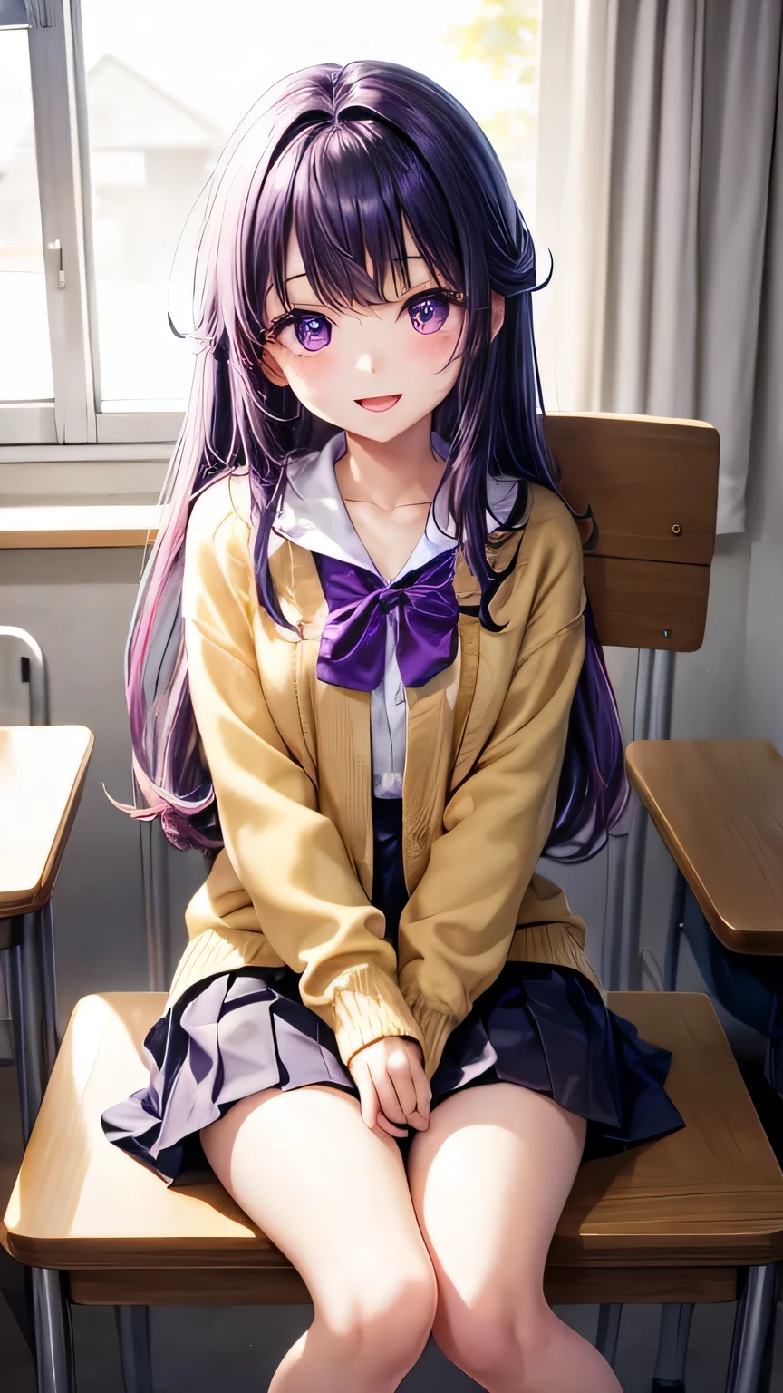 very cute girl、、purple hair、Fluffy semi-long hair、、purple eyes、big eyes、droopy eyes、cute eyes、(yellow cardigan)、the front of the cardigan is open、(white school uniform)、(black skirt、(11 years old、slim and beautiful legs、Super high quality、full body shot、classroom、sitting in a chair、smile、open your mouth