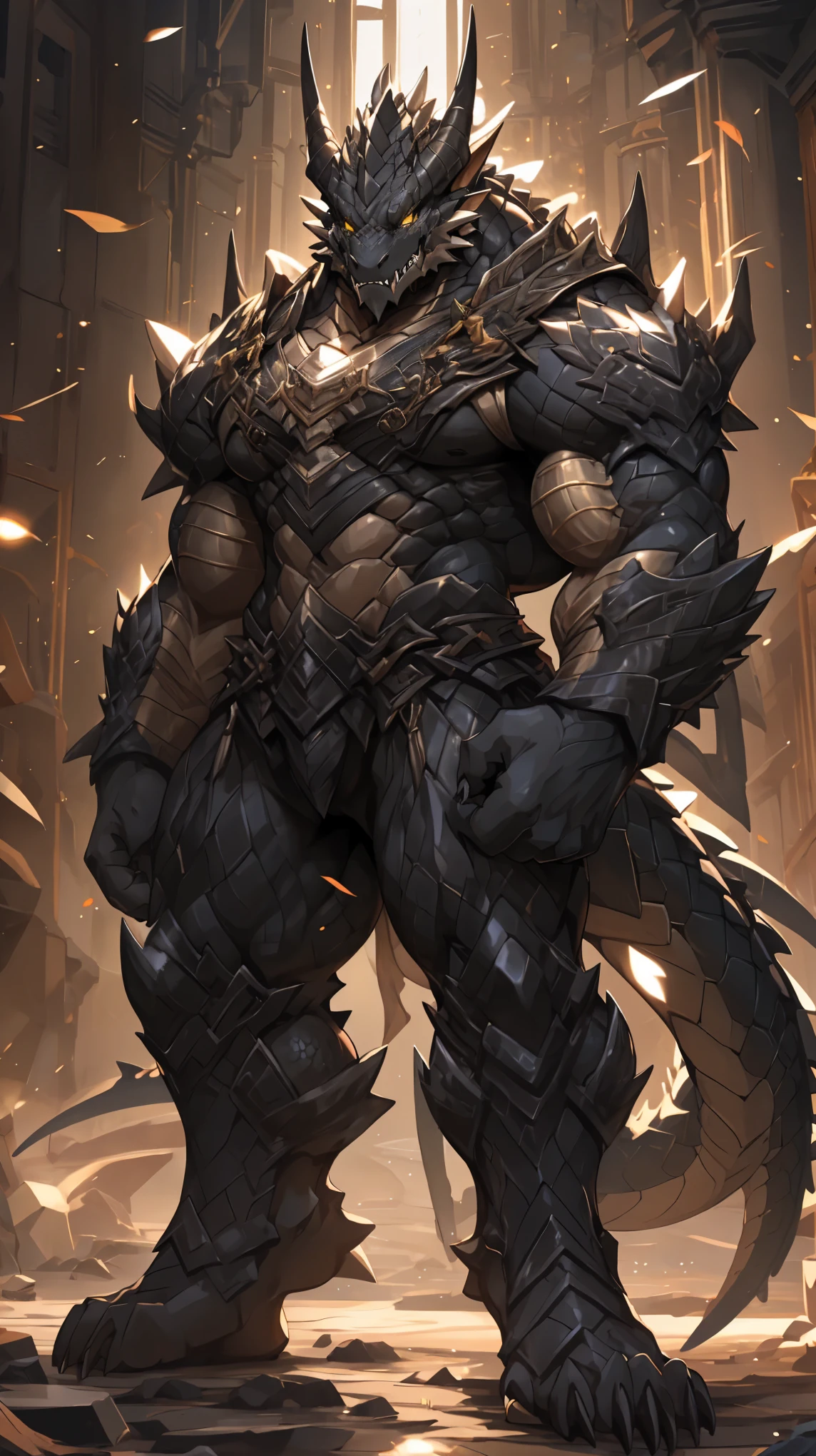 Black Dragon Orcs，Strong build。The gray-black skin is covered with hard, thick scales。golden eyes。long, fangs、Dragon horns and claws