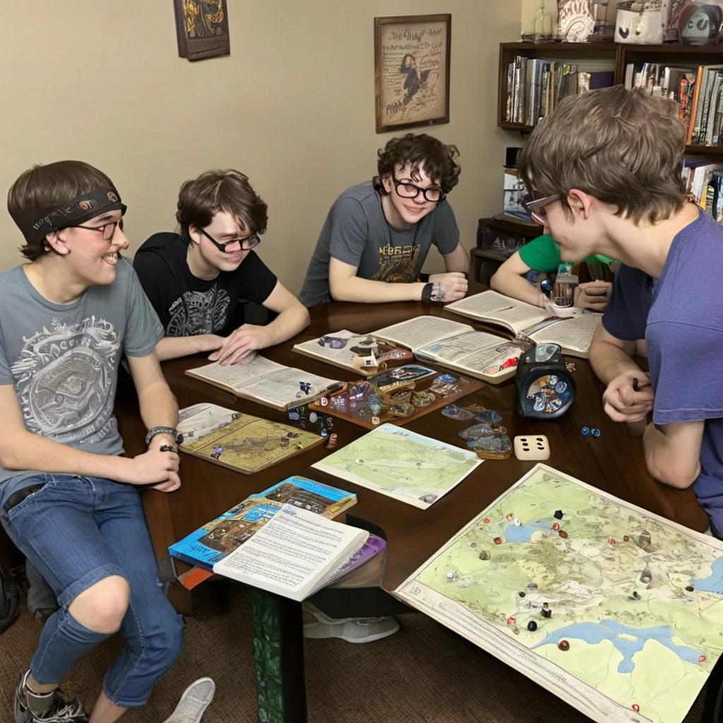 6 nerds, teenage boys(disheveled, loose clothes a little dingey, some acne), sit around a table that has a DM screen, battle map, miniatures, dice, books, and everyone has a character sheet(bonus score),pen and paper, with a dimly lit room in the background. The boys are deeply engrossed in their tabletop role-playing game. Each boy's face is full of excitement and concentration. They have beautifully detailed eyes and lips. The room is filled with an assortment of gaming accessories and well-worn books. The atmosphere is best quality, with a realistic and photorealistic touch. The colors are vivid, highlighting the boys' enthusiasm. The lighting is soft, casting gentle shadows on the table. The scene showcases the passion and camaraderie of the young nerds as they immerse themselves in their fantasy world.