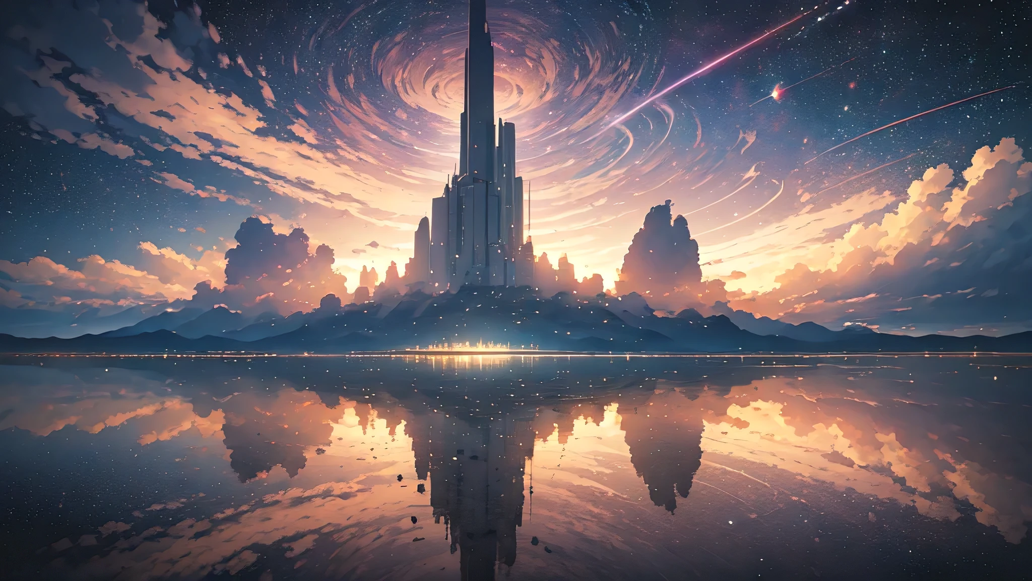 A picture of space with glimmering stars and cosmic rays, point of picture from another planet, with sunset and light shades over the horizon, clear sunset to night sky with a lot of stars, beautiful meteor shower, less light reflection, but sharp lightning beyond the horizon, ((on the lower half of the picture should have reflection of the sky a water mirror-like reflection)), (((on the horizon is a train that moves through space with its light trail)))