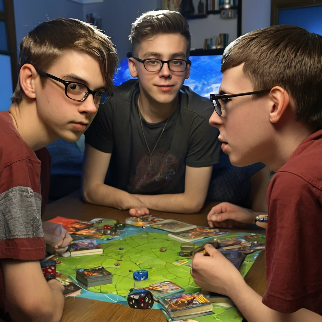 6 nerds, teenage boys(disheveled, loose clothes a little dingey, some acne), sit around a table that has a DM screen, battle map, miniatures, dice, books, and everyone has a character sheet(bonus score),pen and paper, with a dimly lit room in the background. The boys are deeply engrossed in their tabletop role-playing game. Each boy's face is full of excitement and concentration. They have beautifully detailed eyes and lips. The room is filled with an assortment of gaming accessories and well-worn books. The atmosphere is best quality, with a realistic and photorealistic touch. The colors are vivid, highlighting the boys' enthusiasm. The lighting is soft, casting gentle shadows on the table. The scene showcases the passion and camaraderie of the young nerds as they immerse themselves in their fantasy world.