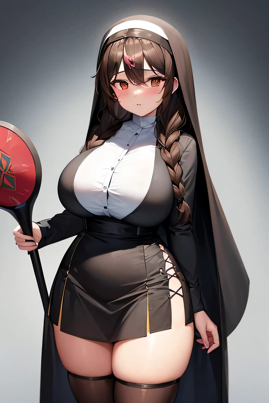 A beautiful Mexican girl with big breasts and brown hair in braids and dresses in a black nun skirt and a black nun skirt and brown eyes carrying a hand blowing fan throwing poison thorn