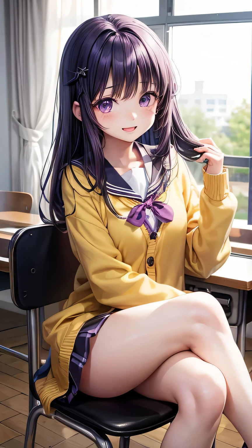 very cute girl、10 years old、purple hair、Fluffy semi-long hair、、purple eyes、big eyes、droopy eyes、cute eyes、(yellow cardigan)、the front of the cardigan is open、(white school uniform)、(black skirt、(11 years old)、white skin、slim and beautiful legs、Super high quality、full body shot、classroom、sitting in a chair、smile、open your mouth