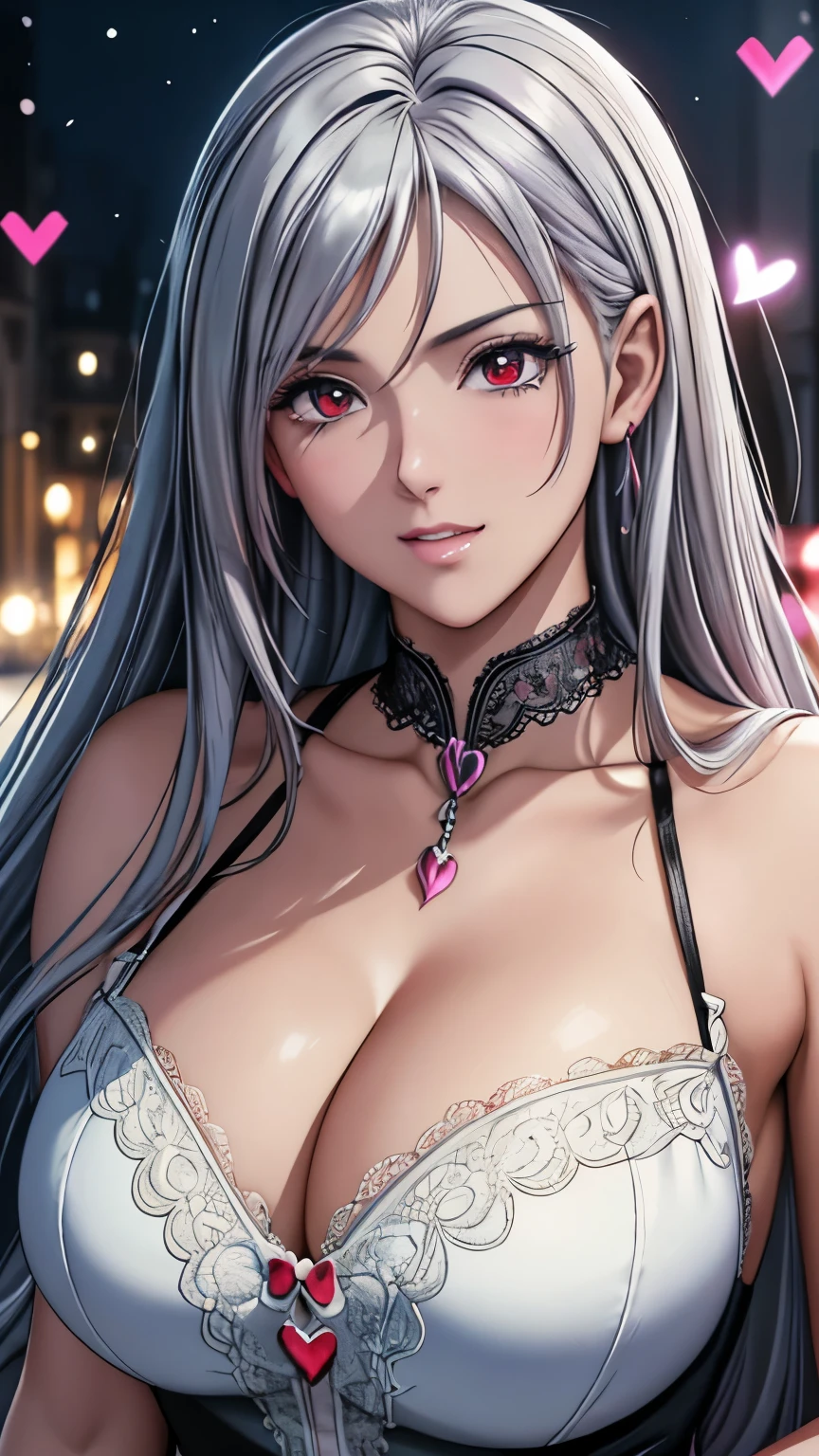 red eyes, (highest quality, masterpiece painting:1.3), immature woman, , (half body shot), masterpiece, ultra high resolution, (Photoreal:1.0), light pink and silver hair,straight hair, beautiful shining hair, white and shining skin, ((Ultra realistic details)), octane rendering, highly detailed face, (big breasts:0.8), ((Heart with both hands:1.2)), She wears stunning costumes inspired by Belle Époque style, flowing black dress decorated with lace and ribbons, (clothing: black belle époque dress with lace and ribbons),cleavage, perfect body, soft skin, anime face, perfect face, perfect eyes, looking at the viewer, smart, snow falling, ((fantastic night)), ((outdoors)), sharp focus, intricate details, professional artwork, (bright colors:1.1), bright colors, diffused lighting, digital blending, ultra-definition body, ultra detail hair, super detailed face, that'It's trending on pixiv, top button open, Cute gaze, compensate, perfect lips, perfect compensate, Ultra-precision coating, (light_smile:0.8), (Very embarrassed:1.2), blush your nose,