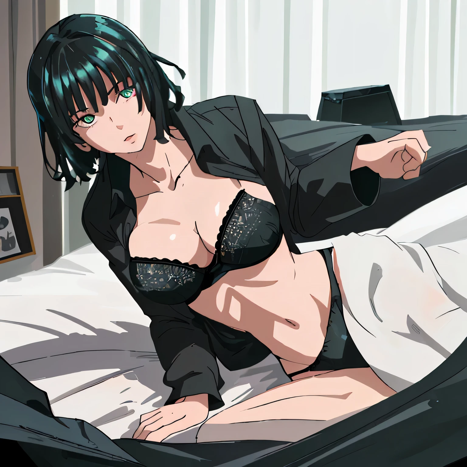 1 girl, sexy hips, wearing only black bra and black underwear, the viewer comes in her room to find her laying in her bed sleeping, having a dream, looking really cute and also sexy in her underwear, masterpiece, HD, no blurring, smooth, perfect, full body view
