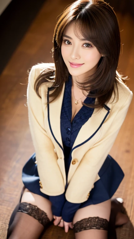 Movie-like dynamic photos,(Ultra realistic, High resolution), (highly detailed eyes, highly detailed hair, highly detailed face, Highly detailed plump lips，perfect anatomy),(highest quality:1.4), Raw photo, (realistic, photo-realistic:1.37), professional photography, cinematic light, (detailed face: 1.2),look at the audience, brunette woman,slim, (famous japanese actress:1.2),highly detailed skin, very fine fingers, highly detailed nose, highly detailed mouth, perfect anatomy, highly detailed background,wearing a blazer, Tight Skirt、wearing stockings,standing posture，exposed thighs!!!,((shot from below)),(spread legs 1.5) Raw photo,Smile