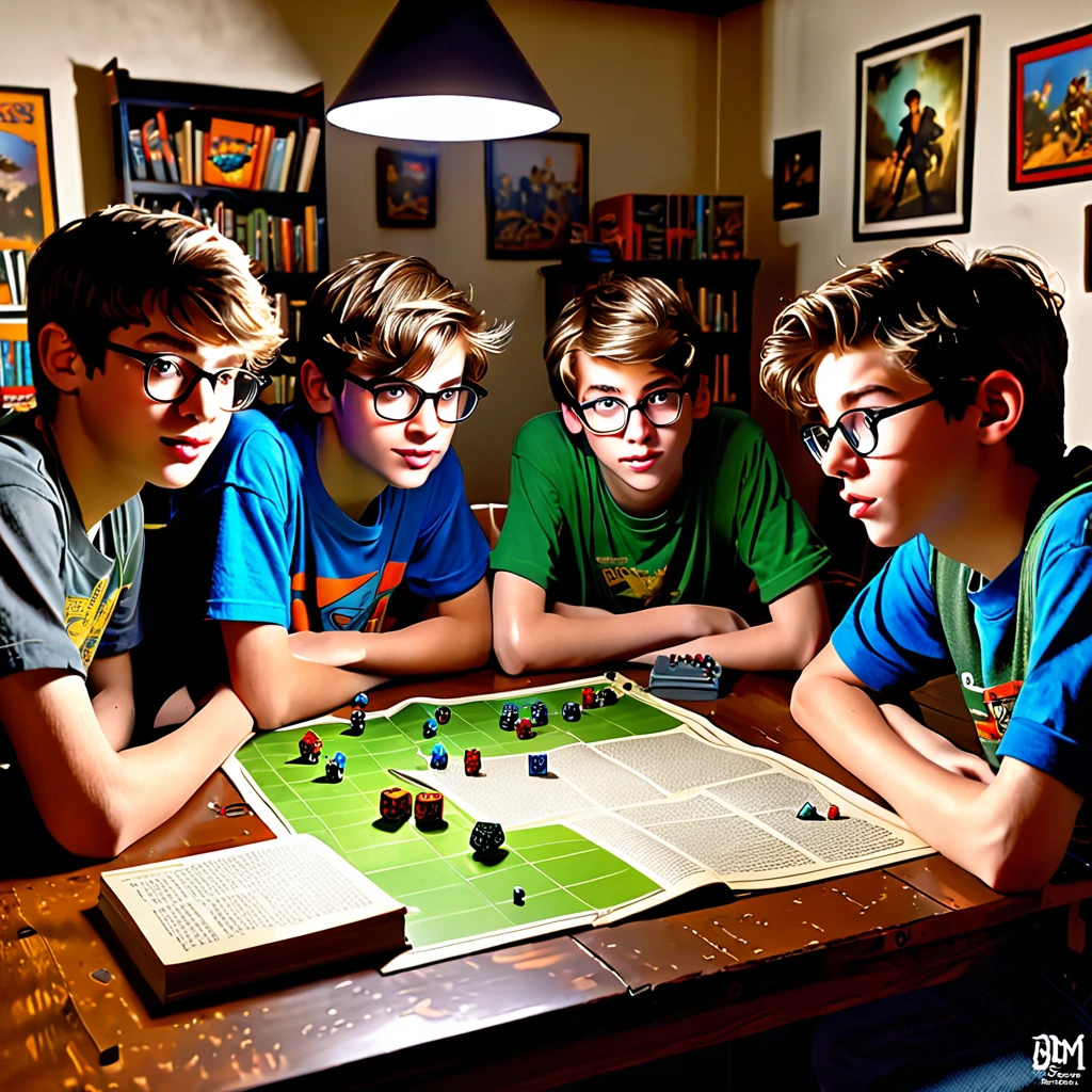 6 nerds, teenage boys(disheveled, loose clothes a little dingey, some acne), sit around a table that has a DM screen, battle map, miniatures, dice, books, and everyone has a character sheet(bonus score),pen and paper, with a dimly lit room in the background. The boys are deeply engrossed in their tabletop role-playing game. Each boy's face is full of excitement and concentration. They have beautifully detailed eyes and lips. The room is filled with an assortment of gaming accessories and well-worn books. The atmosphere is best quality, with a realistic and photorealistic touch. The colors are vivid, highlighting the boys' enthusiasm. The lighting is soft, casting gentle shadows on the table. The scene showcases the passion and camaraderie of the young nerds as they immerse themselves in their fantasy world.