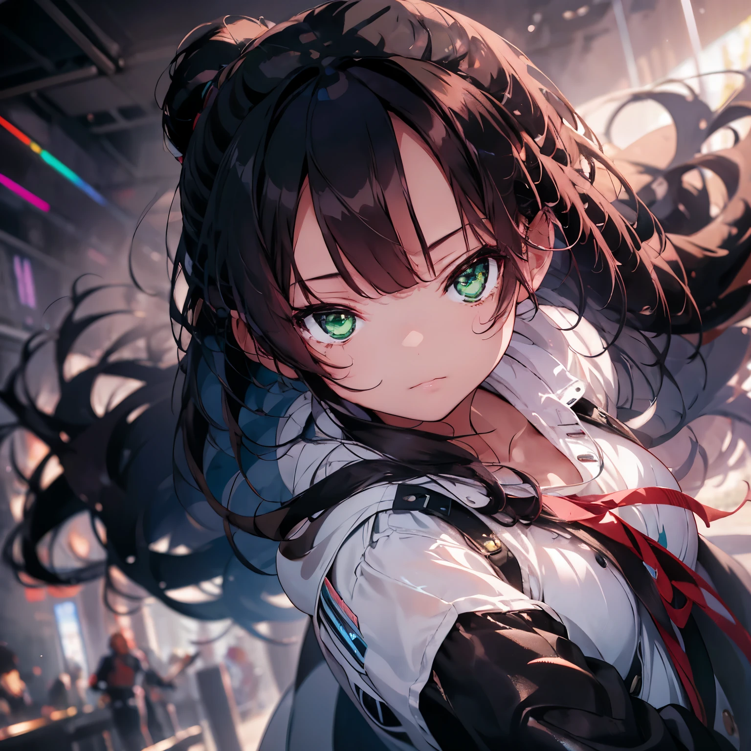 Create ultra-high definition, Masterpiece quality images with white theme, Featuring a cute anime girl with long black hair in a cool pose, Attack with a high-tech sword. The scene has、Contains numerous holographic swords floating in a circle, Each contains countless complex parts, Set in a predominantly white cyberpunk environment. The scene is enriched with holographic elements and light particles, Emphasizes futuristic and fantastical aesthetics. An image that captures the essence of purity and sophistication in the highest quality and beauty., A super detailed display of a girl and her holographic sword, Super-resolution visuals that highlight the intricate details of your scenes., ((green eyes))