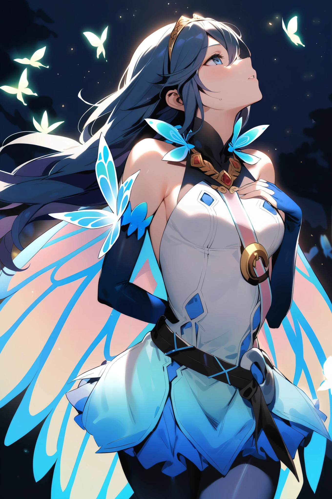 masterpiece, best quality, solo, 1girl, respLucy, tiara, white shirt, butterfly wings, sleeveless, blue elbow gloves, pantyhose, cowboy shot, blue skirt, hand to own chest, looking up, night sky, butterflies