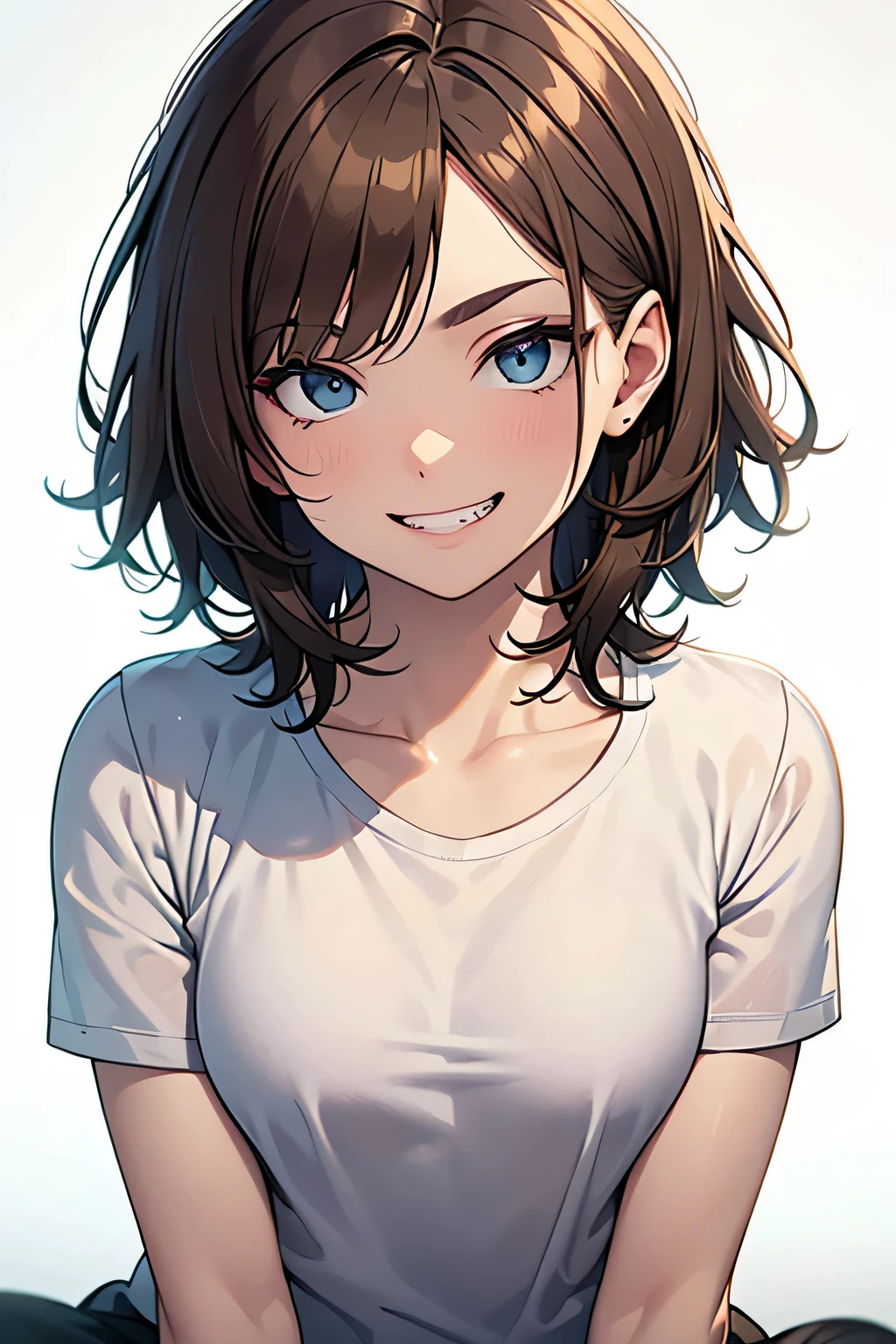 masterpiece, High resolution, High-definition CG Unity 8K,realistic,RAW photo, beautiful detailed face,detailed hair texture, beautiful face, Accurate, anatomically correct, symmetrical eyes,1girl, slender,small breasts:1.2,(light brown hair), (very short hair),messy hair:1.2,(asymmetrical bangs),side undercut,white background,(white solid t-shirt), (troubled eyebrows:1),(grin),acrobatic pose,cowboy shot
