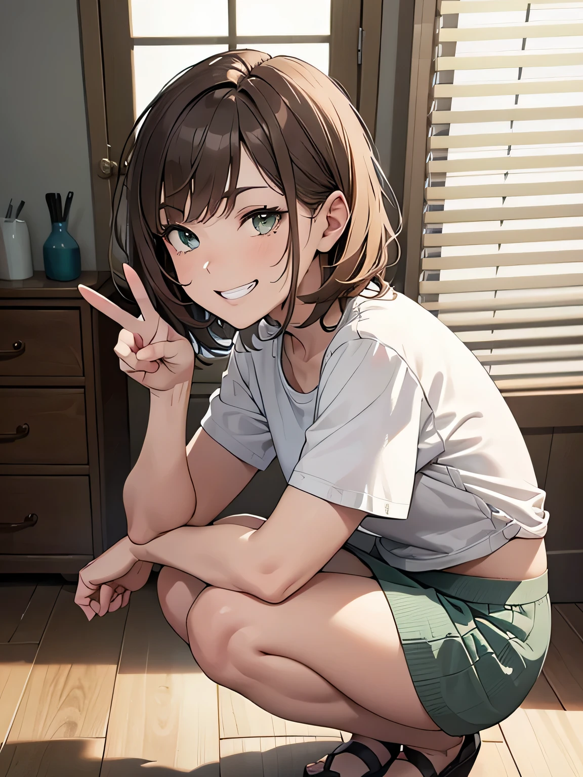 masterpiece, High resolution, High-definition CG Unity 8K,realistic,RAW photo, beautiful detailed face,detailed hair texture, beautiful face, Accurate, anatomically correct, symmetrical eyes,1girl,
slender,small breasts:1.2,(light brown hair), (very short hair),messy hair:1.2,(asymmetrical bangs),side undercut,
(green long maxi-skirt),(white solid t-shirt),(light gray panties),
(nose blush:0.3),(troubled eyebrows:1),(grin:1),
(dramatic angle),(squatting),(peace:1.2),