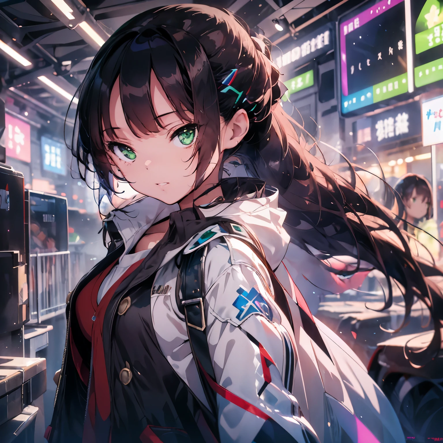 Create ultra-high definition, Masterpiece quality images with white theme, Featuring a cute anime girl with long black hair in a cool pose, Attack with a high-tech sword. The scene has、Contains numerous holographic swords floating in a circle, Each contains countless complex parts, Set in a predominantly white cyberpunk environment. The scene is enriched with holographic elements and light particles, Emphasizes futuristic and fantastical aesthetics. An image that captures the essence of purity and sophistication in the highest quality and beauty., A super detailed display of a girl and her holographic sword, Super-resolution visuals that highlight the intricate details of your scenes., ((green eyes))