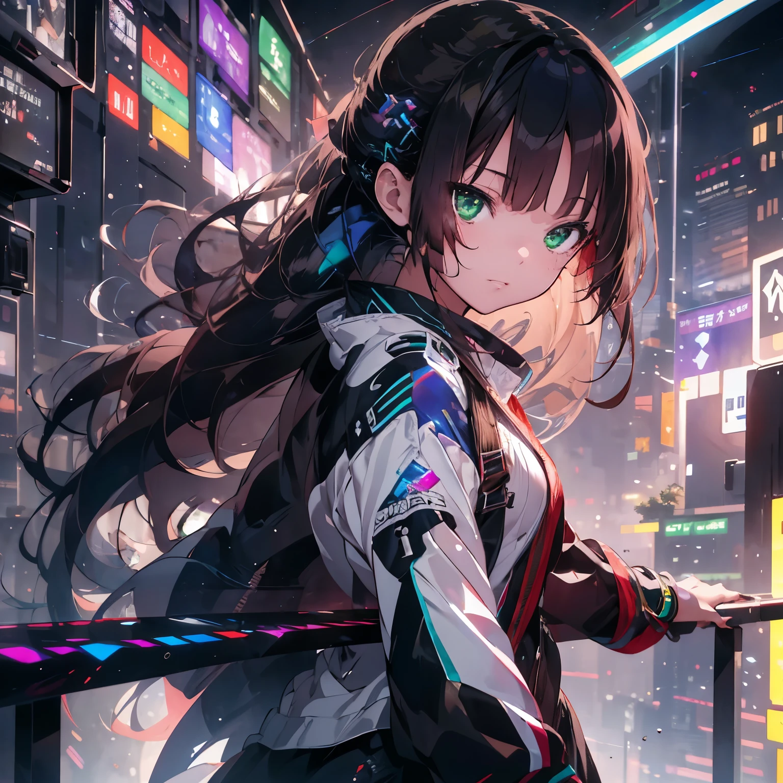 Create ultra-high definition, Masterpiece quality images with white theme, Featuring a cute anime girl with long black hair in a cool pose, Attack with a high-tech sword. The scene has、Contains numerous holographic swords floating in a circle, Each contains countless complex parts, Set in a predominantly white cyberpunk environment. The scene is enriched with holographic elements and light particles, Emphasizes futuristic and fantastical aesthetics. An image that captures the essence of purity and sophistication in the highest quality and beauty., A super detailed display of a girl and her holographic sword, Super-resolution visuals that highlight the intricate details of your scenes., ((green eyes))
