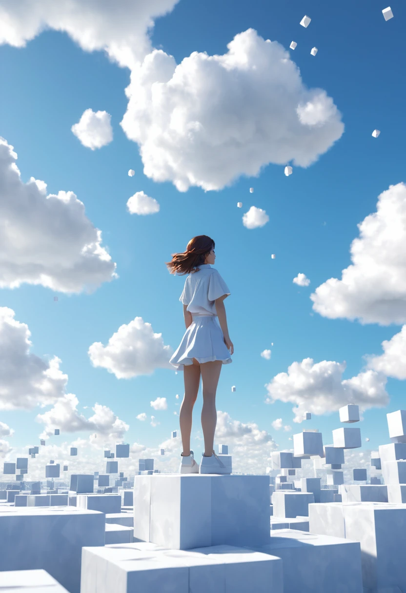 a woman standing on top of cubes in the sky, an ambient occlusion render, trending on cg society, screenshot from the anime film, dreamy clouds, isometric game,
