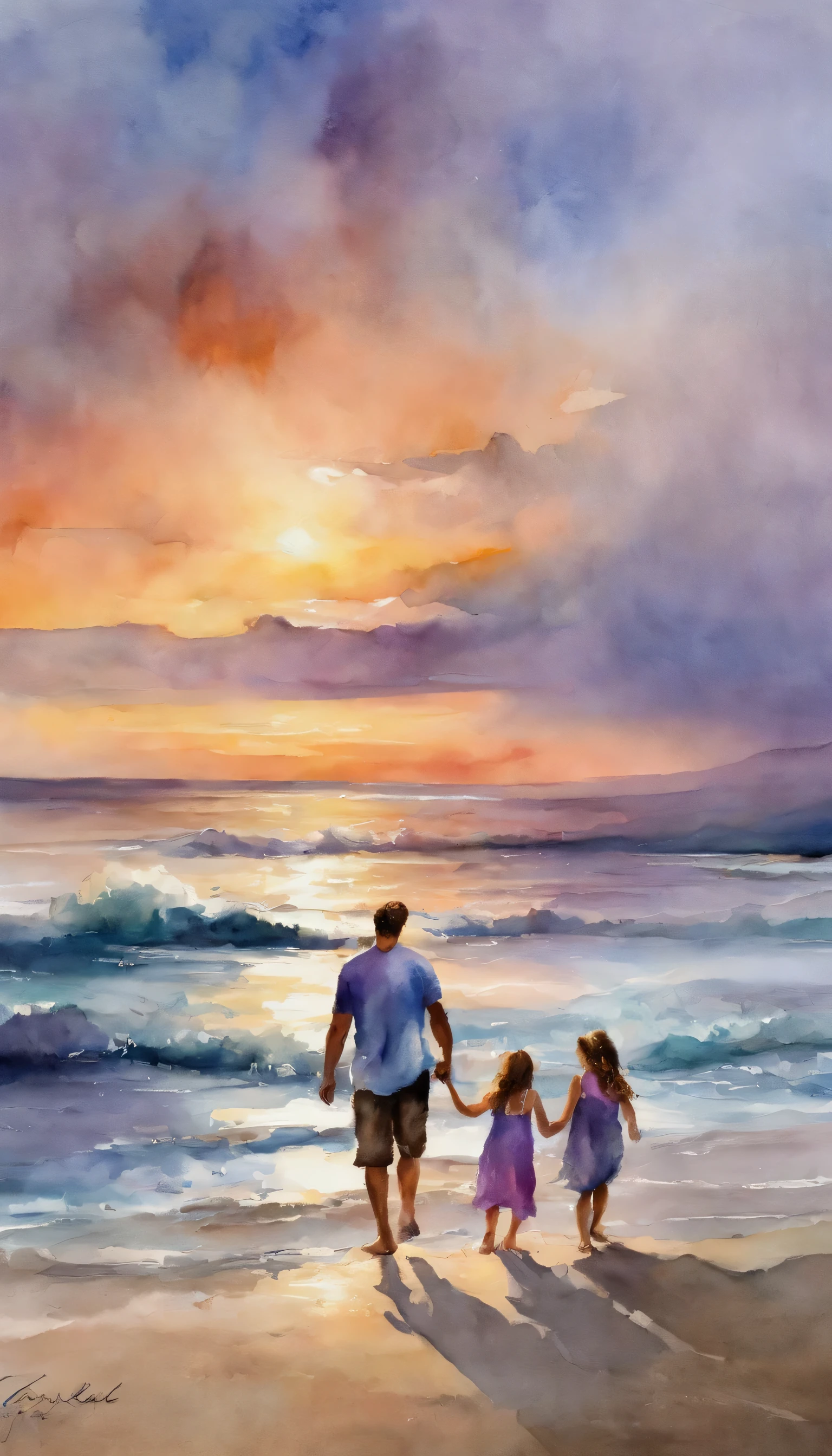 when the sun sets on the beach, A father and his two twenty-year-old daughters playfully chase their five-year-old son along the coastline. The sky is painted in stunning pastel shades - grey-blue, Gentle pink, And dreamy lavender. This scene evokes a sense of tranquility and togetherness, Beautifully captured through the lens of a watercolor artist.