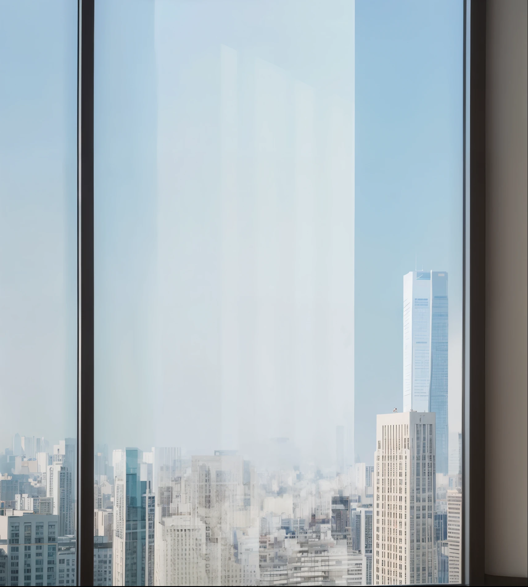 City view from window with clock, pale blue FOG, translucent, Opaque glass, translucent粉彩面板, smooth Fair and translucent skin, thin FOG, Naoya Tanaka, light blue backlight, Gradient light blue, Half blue, iPhone 15 background, FOG, Fair and translucent skin, light blue mist, frosted glass