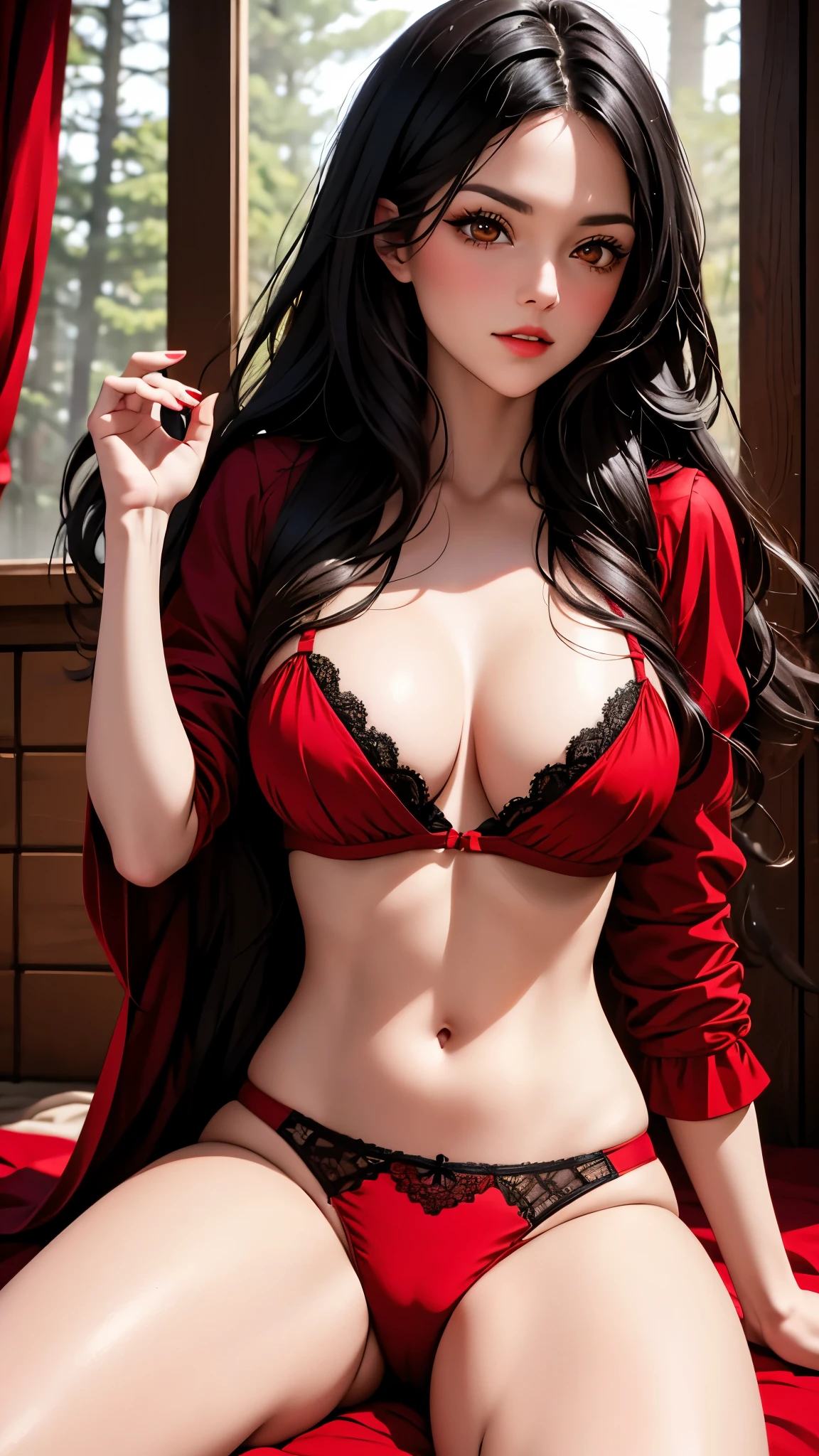 Little red riding hood with brown eyes and black hair wearing sensual and provocative underwear naked lying on a bed inside a cabin in the forest daring photo shoot artwork of the highest quality 8k 