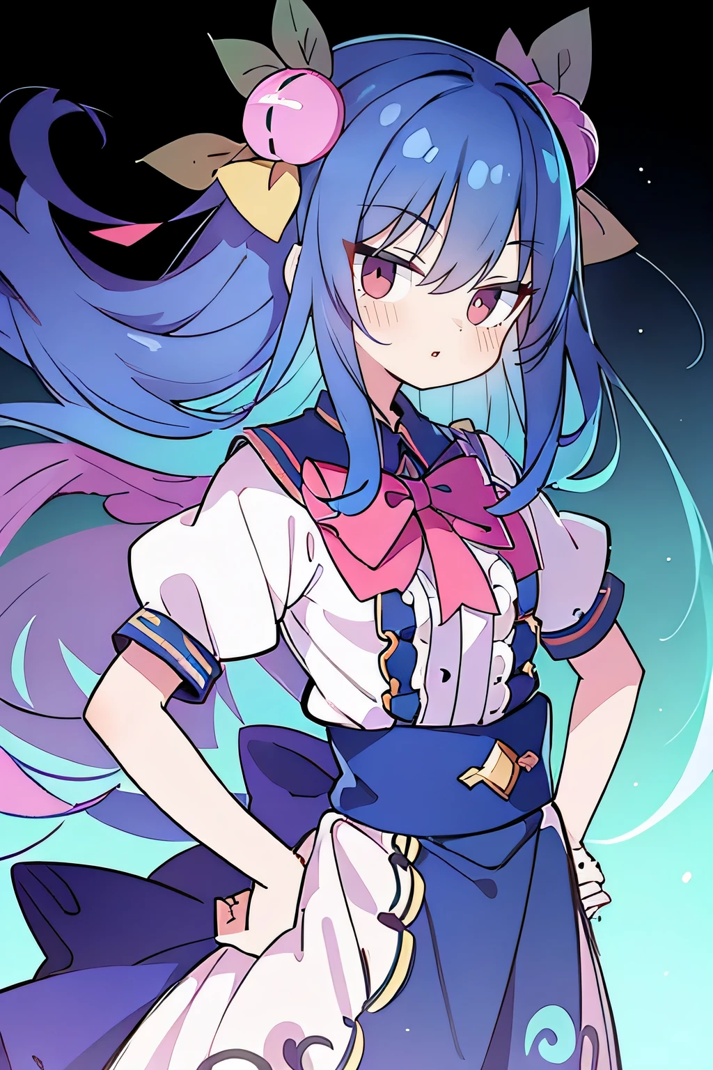 (masterpiece),best quality, expressive eyes, perfect face, 1girl,
 Put your hands on your waist,fair, Gorgeous,Japanese cartoons,girl,lola,Hina Angel, blue hair, blue haired, floating clothes,Grab your waist, Grab your waist, hands on hips , hands on hips,flat chest,rain,