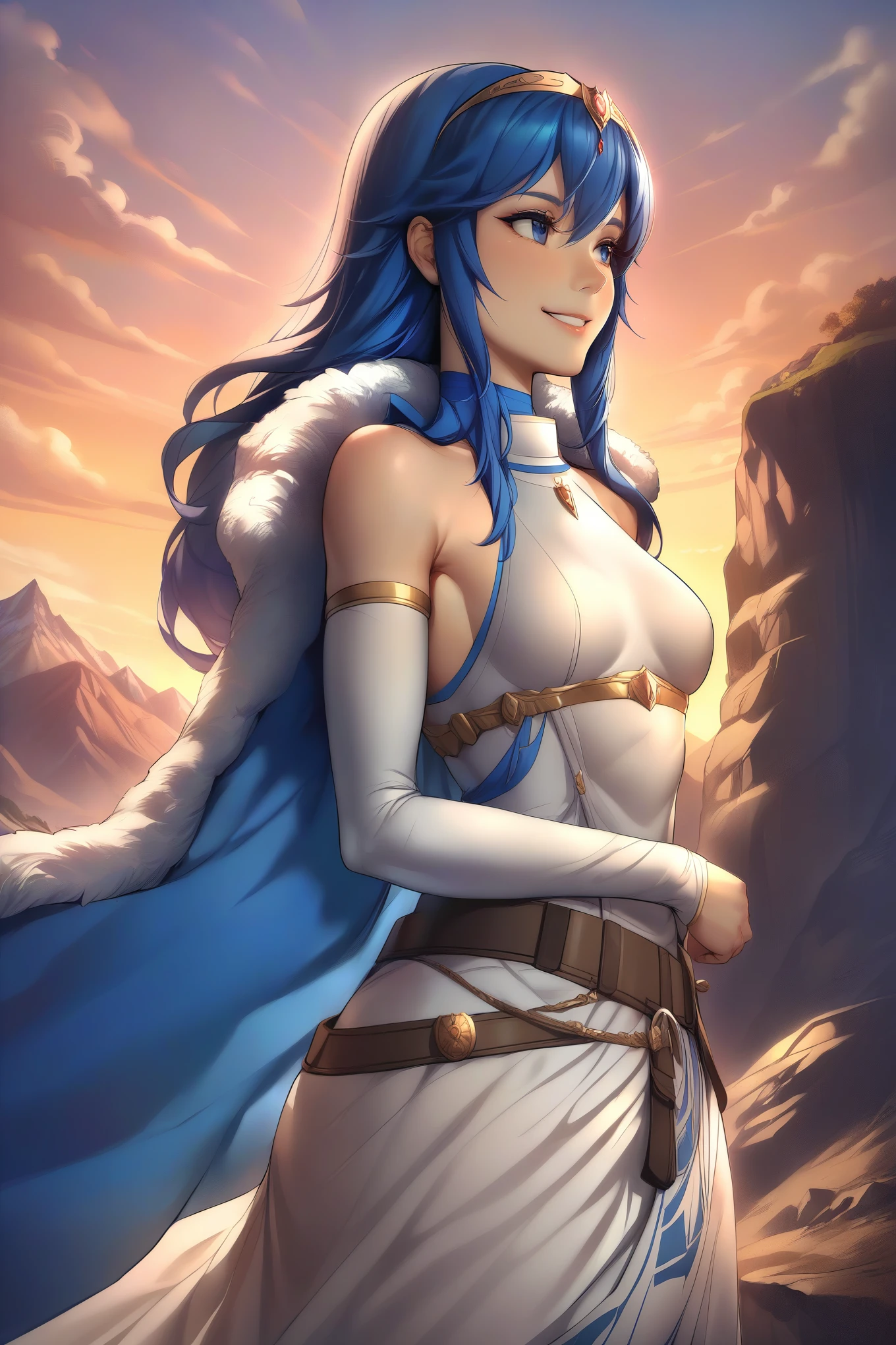 masterpiece, best quality, solo, 1girl exLucy, tiara, blue cape, fur trim, white dress, belt, detached sleeves, sunset, mountains, cliff, looking to the side, happy, smiling, small breasts