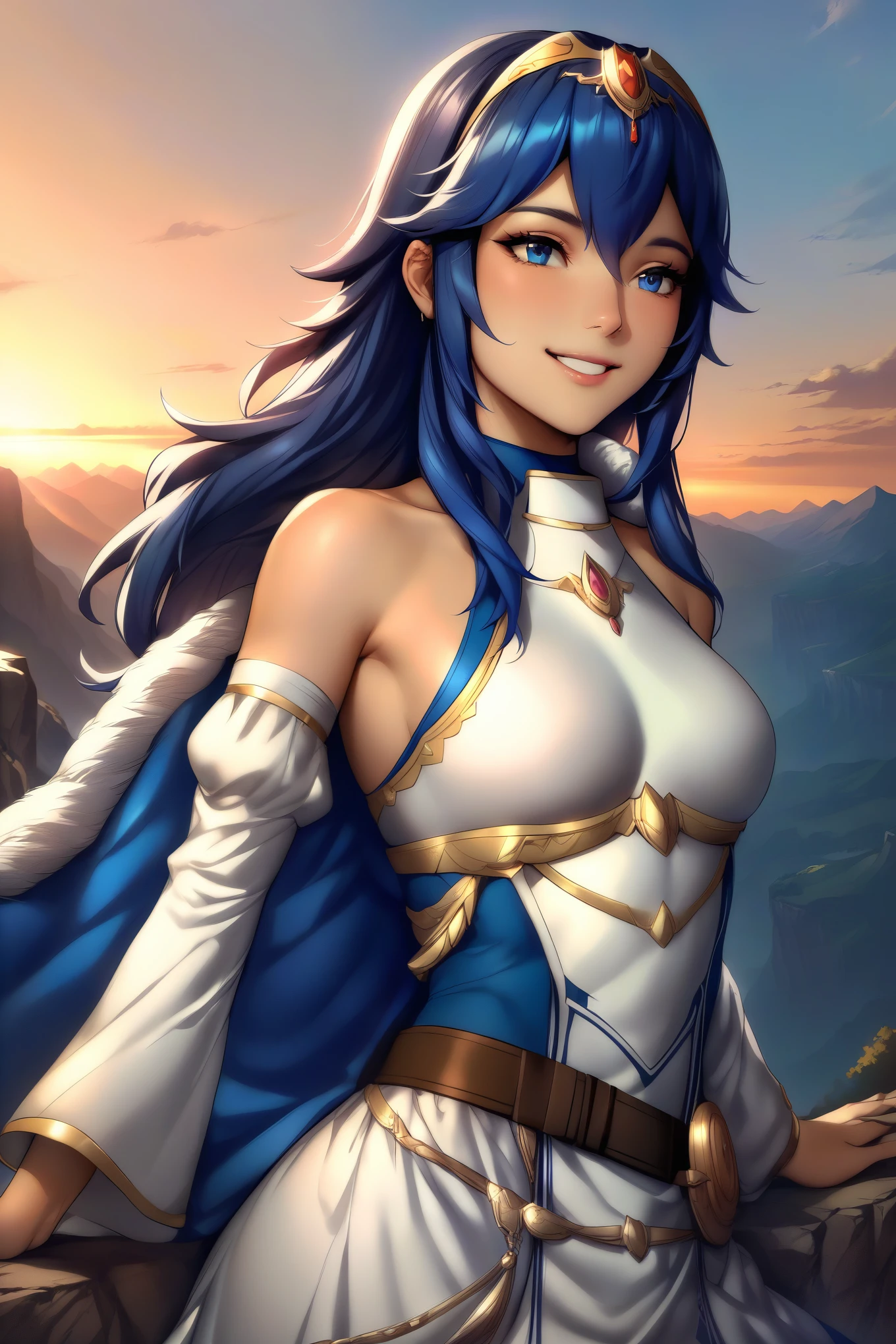 masterpiece, best quality, solo, 1girl exLucy, tiara, blue cape, fur trim, white dress, belt, detached sleeves, sunset, mountains, cliff, looking to the side, happy, smiling, small breasts