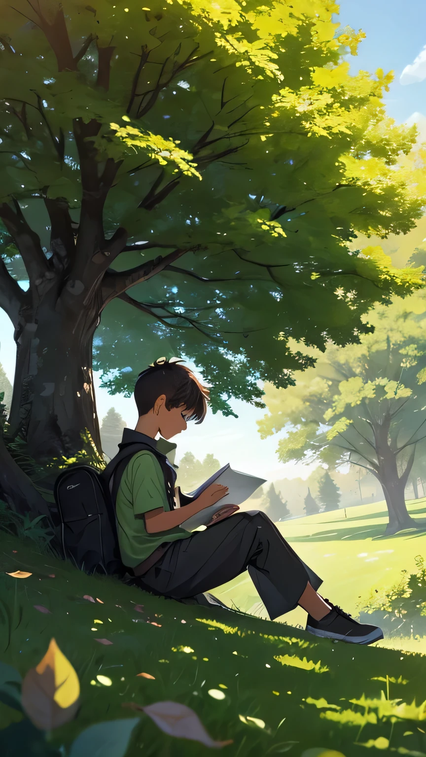 A boy sketching under a tree with lazy poster on a little hill, the tree is with some falling leafs, leafs color dark green, light green, yellow brown leafs digital art