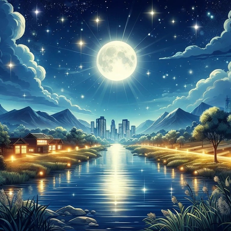 A painting of a river with a full moon and a city in the background, night view, calm night. digital illustration, Very detailed illustrations, 4k highly detailed digital art, Beautiful art ultra hd 4k, landscape artwork, A beautiful artistic illustration, amazing wallpapers, background artwork, 4k high definition wallpaper illustration, beautiful moonlit night, Beautiful digital art, nature landscape at night