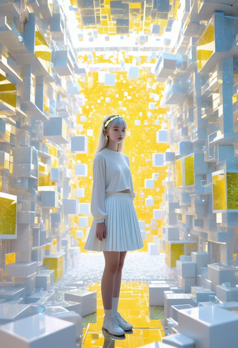 a girl in a room filled with lots of white cubes, a digital rendering, by Jon Coffelt, tumblr, cubo-futurism, iridescent fractal, cyber mushroom city, floating crystals, infinite quantum waves, yellow hairband, , serafuku, long sleeves, pleated skirt,
