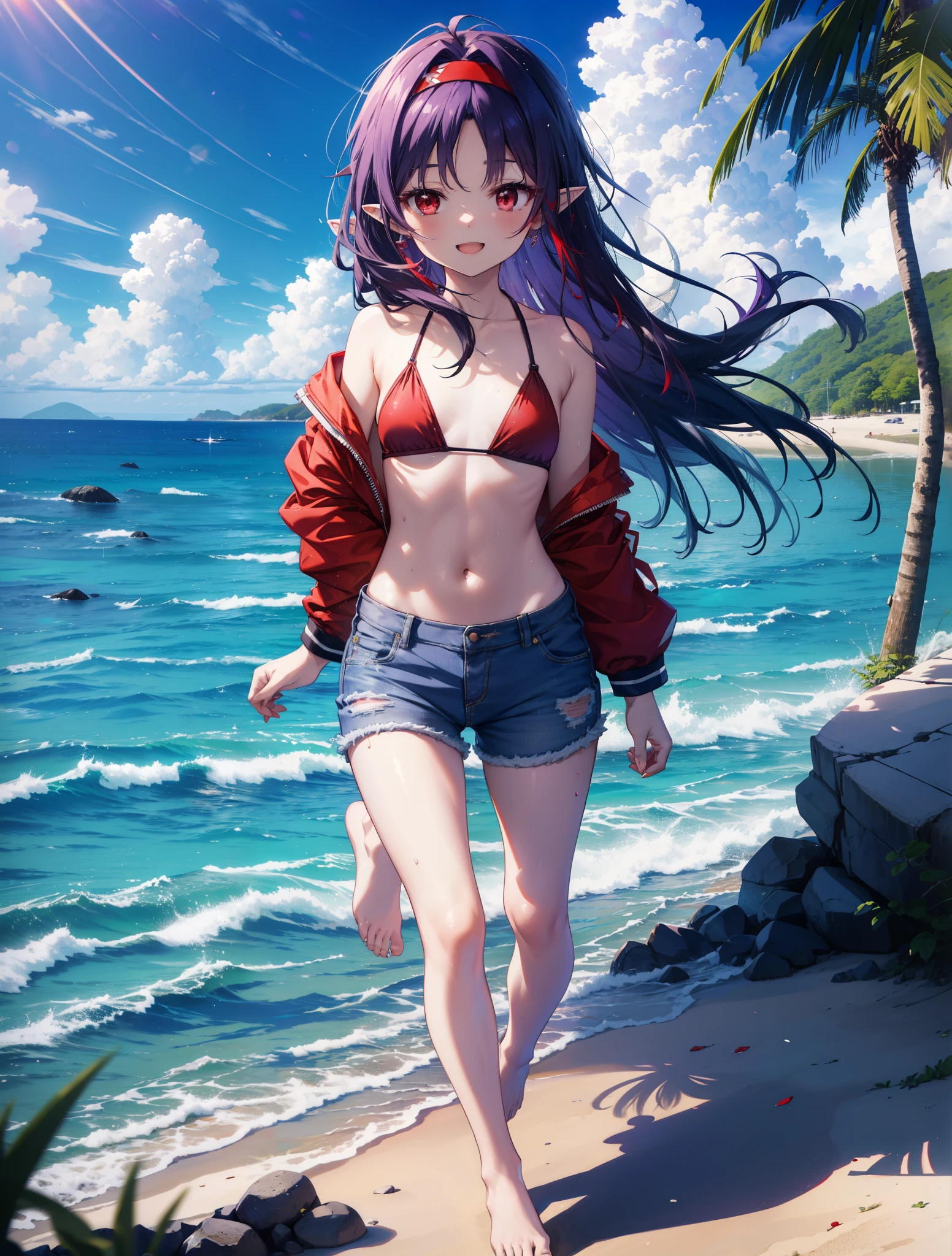 yuukikonno, Yuki Konno, hair band, long hair, pointy ears, purple hair, (red eyes:1.5), (small breasts:1.2),happy smile, smile, open your mouth, open your mouth,Purple bikini swimsuit,short denim pants,barefoot,barefoot,sandy beach,beach,Light of the sun,real summer,
break looking at viewer, Upper body, full body,
break outdoors, beach,
break (masterpiece:1.2), highest quality, High resolution, unity 8k wallpaper, (shape:0.8), (fine and beautiful eyes:1.6), highly detailed face, perfect lighting, Very detailed CG, (perfect hands, perfect anatomy),