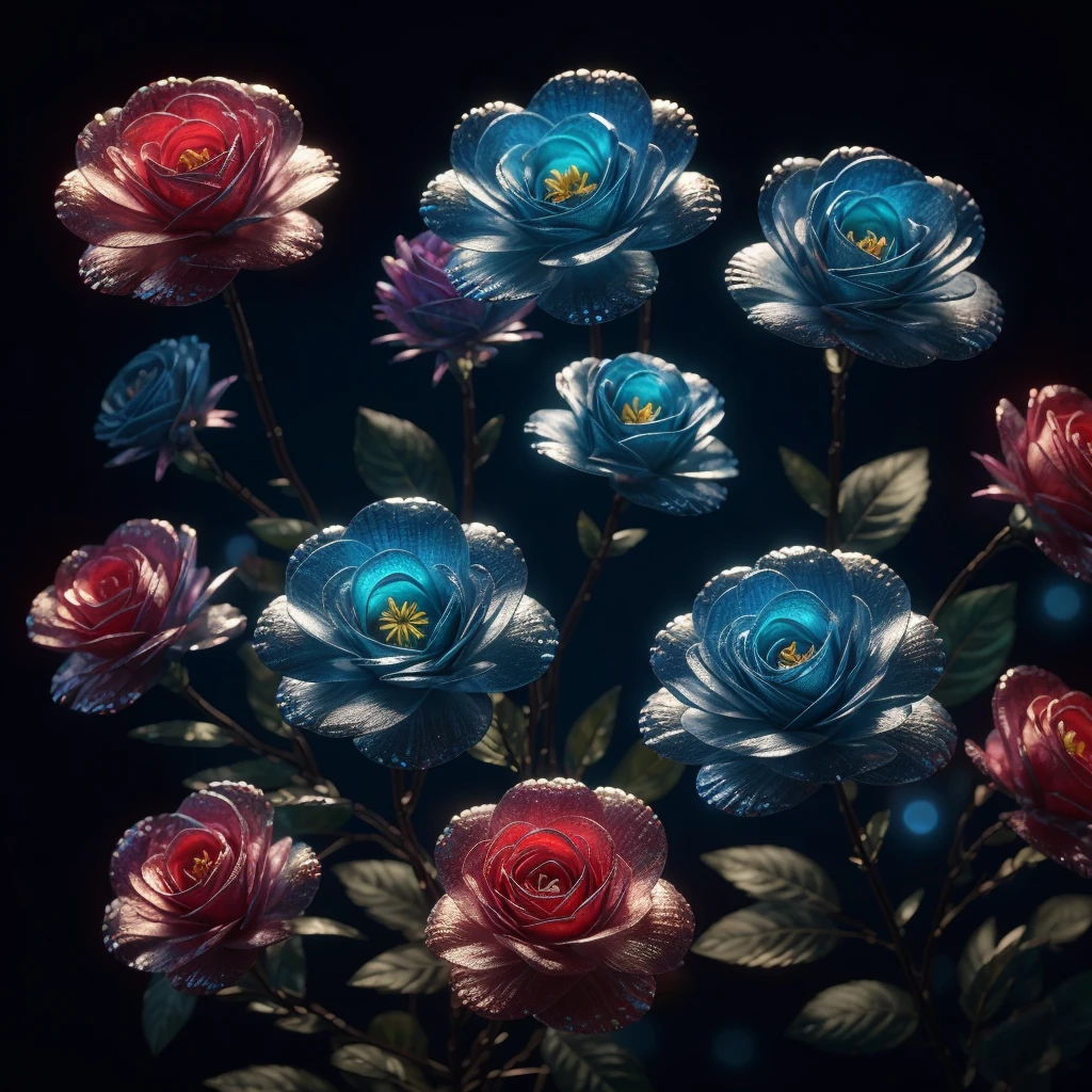 There is a magical blue flower with a red center, painted against a mesmerizing black background. The flower glows delicately, its sparkling petals emitting a neon radiance that captivates the eye. This 3-D, 4 K digital art showcases a beautiful and highly detailed composition of the ethereal blooming flower. The neon petals, with their vibrant blue hue, transport the viewer to a realm of wonder and enchantment.