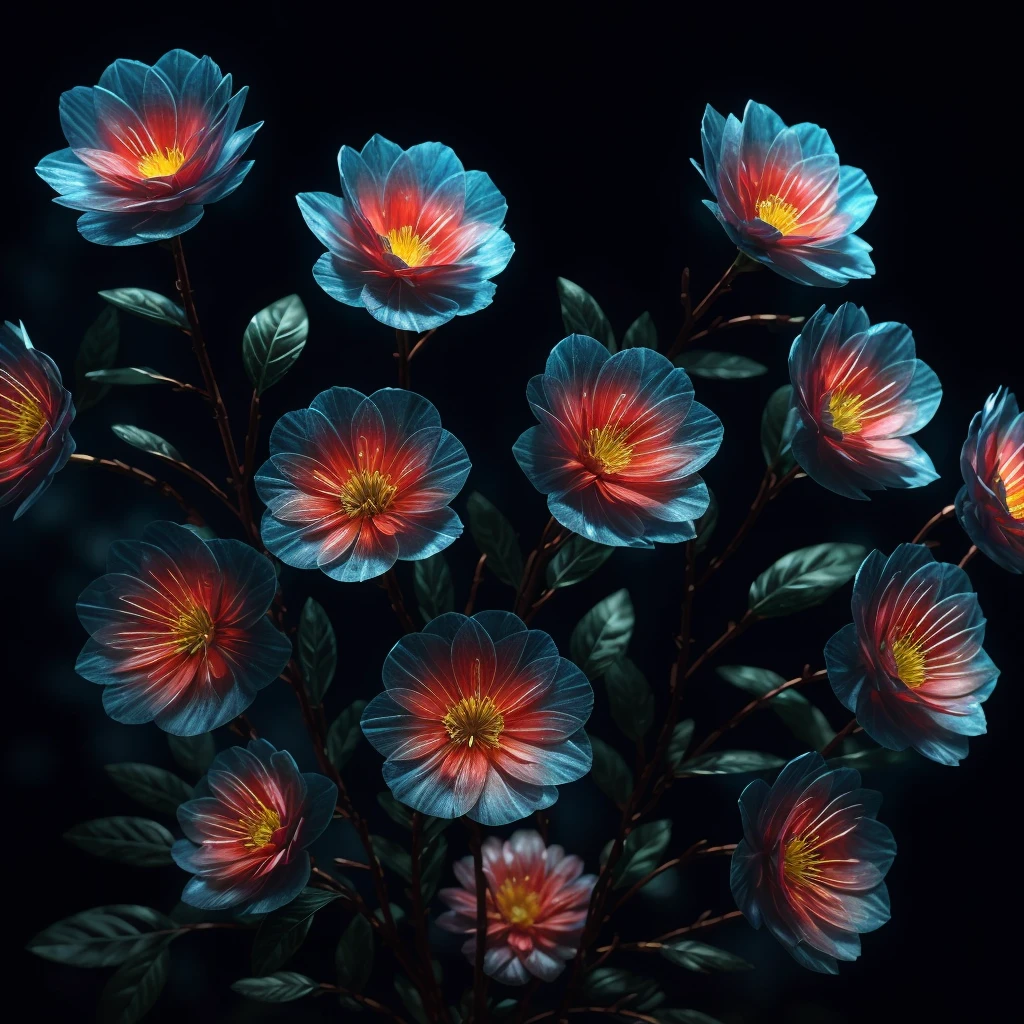 There is a magical blue flower with a red center, painted against a mesmerizing black background. The flower glows delicately, its sparkling petals emitting a neon radiance that captivates the eye. This 3-D, 4 K digital art showcases a beautiful and highly detailed composition of the ethereal blooming flower. The neon petals, with their vibrant blue hue, transport the viewer to a realm of wonder and enchantment.