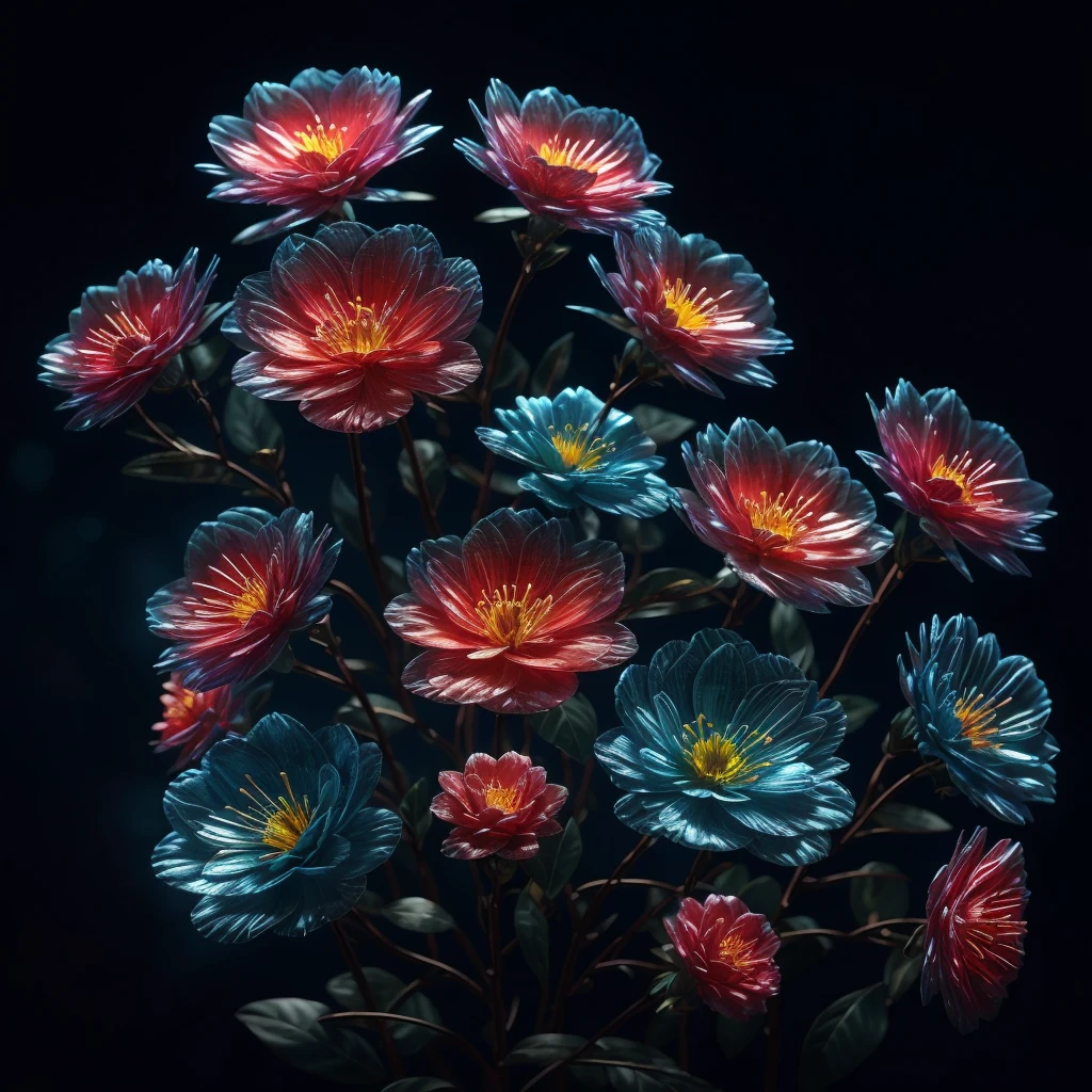 There is a magical blue flower with a red center, painted against a mesmerizing black background. The flower glows delicately, its sparkling petals emitting a neon radiance that captivates the eye. This 3-D, 4 K digital art showcases a beautiful and highly detailed composition of the ethereal blooming flower. The neon petals, with their vibrant blue hue, transport the viewer to a realm of wonder and enchantment.