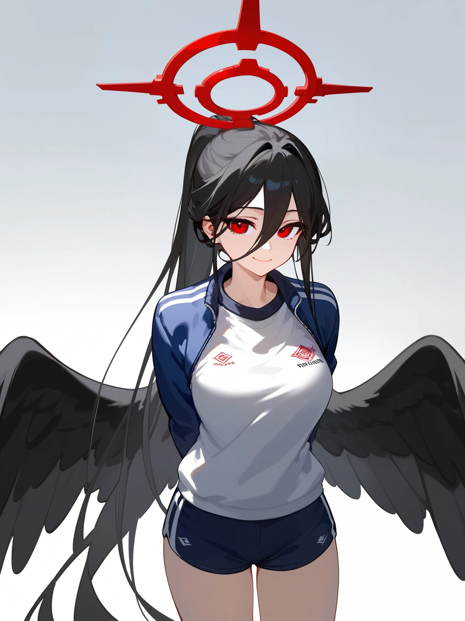 (score_9,score_8_up,score_7_up,score_6_up,score_5_up,score_4_up), hasumi ba, red eyes,halo,very long hair, black hair,hair between eyes, black wings, gym outfit, blue jacket,white shirt,shorts,ponytail, slight smile, gradient background, arms behind back, looking at viewers, cowboy shot