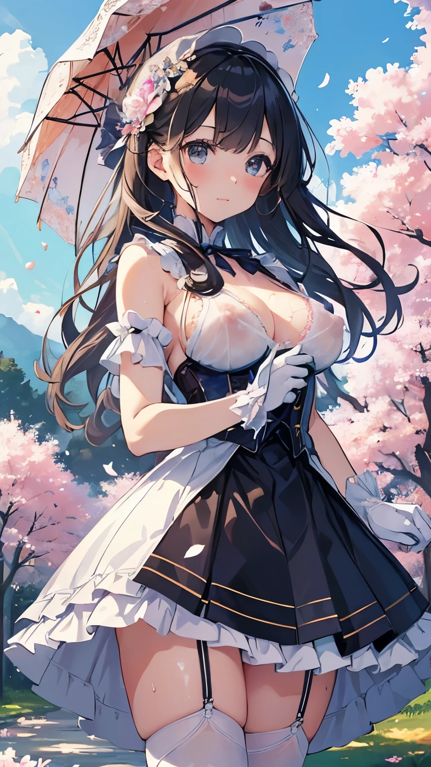 (masterpiece), (highest quality), victorian girl illustration、cute girl、yes、 1. **fashion**: ビクトリア朝のfashionはドレッシーでエレガントなデザインがFeaturesです。ruffles and lace、corset、Try incorporating elements such as long dresses。 2. **hairstyle on**: Victorian era women&#39;s hairstyles were often complex and delicate.。upstyle and curling、We also recommend adding ribbons or flower decorations to your hair..。 3. **Features**: 柔らかい顔立ちを持つ女の子のFeatures、beautiful、cute、Intelligent Beatty, beautiful 5. **With accessories**: Accessories that played an important role in the Victorian era。hat、gloves、umbrella, wait.、By carefully drawing accessories down to the smallest detail、You can add personality to your character。 nice dress、Floral、luxurious costume、pastel colour, (shining brightly), ((dazzling)), (Floating many petals, ((2D)), ((paper art))
 ，((masterpiece、4k、8K(masterpiece, highest quality:1.6), thighs, beautiful girl, garden, blue sky, looking at the viewer, thin waist, official art, Raw photo, incredibly absurd, face light, dynamic lighting, cinematic lighting, surreal, High resolution, photo shoot, sharp focus, most detailed, very detailed, super detailed, finely, very detailed目と顔,fluttering grass,(spring,cherry blossomsの花),petal,(Lens flare),altocumulus,bright light,cool breeze,(shade) internal [cherry blossoms],grassland,.best image quality，naked，wipe panties，publish one&#39;chest of，sexy and excited，beautiful胸,white skin,pointed chest,erect nipples,porn images，lots of sweat，wet costume，wet body，See through，underskirt lift，nipple slip from，cum on chest，