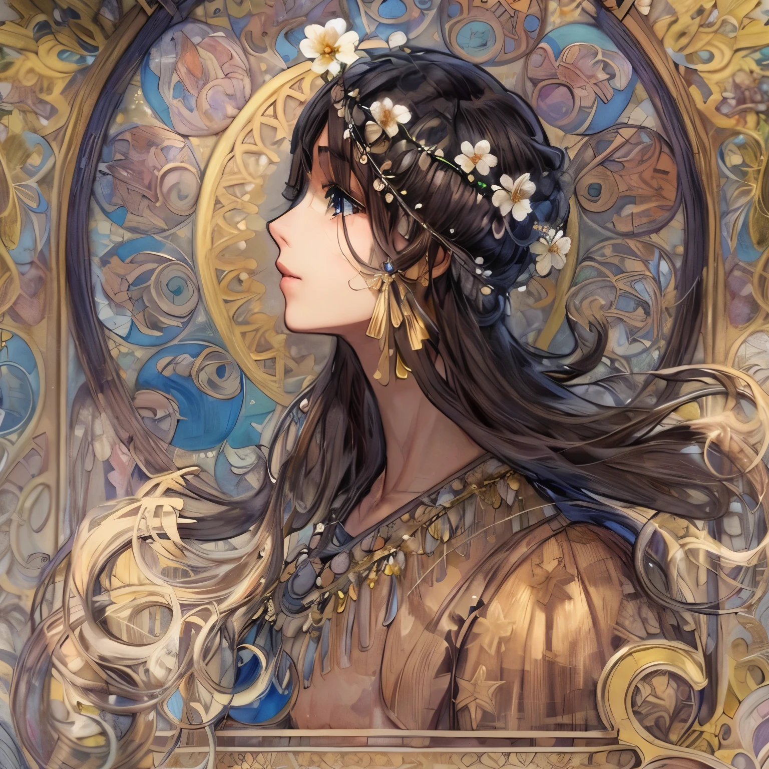 (masterpiece, highest quality, detailed beautiful:1.2), (Perfect sketch, fine clothes, fine eyes), Krenz Kuchart Style, Alphonse Mucha style, (1 girl), alone, (look to the left), Dressed like a Norse goddess, (portrait, shot from the side), A lot of flowers in the frame,