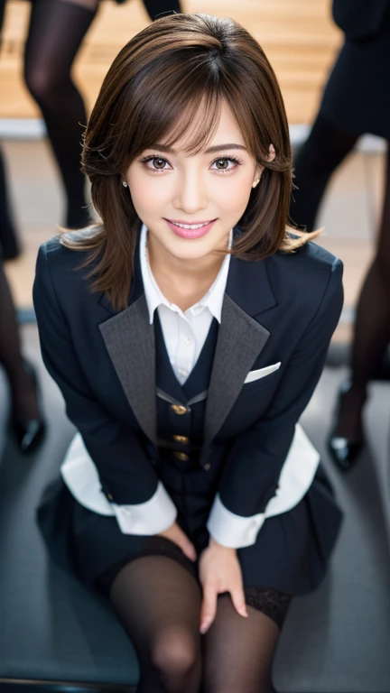 Movie-like dynamic photos,(Ultra realistic, High resolution), (highly detailed eyes, highly detailed hair, highly detailed face, Highly detailed plump lips，perfect anatomy),(highest quality:1.4), Raw photo, (realistic, photo-realistic:1.37), professional photography, cinematic light, (detailed face: 1.2),look at the audience, brunette woman,slim, (famous japanese actress:1.2),highly detailed skin, very fine fingers, highly detailed nose, highly detailed mouth, perfect anatomy, highly detailed background,wearing a blazer, Tight Skirt、wearing stockings,standing posture，exposed thighs!!!,((shot from below)),(spread legs 1.5) Raw photo,Smile,beautiful witch