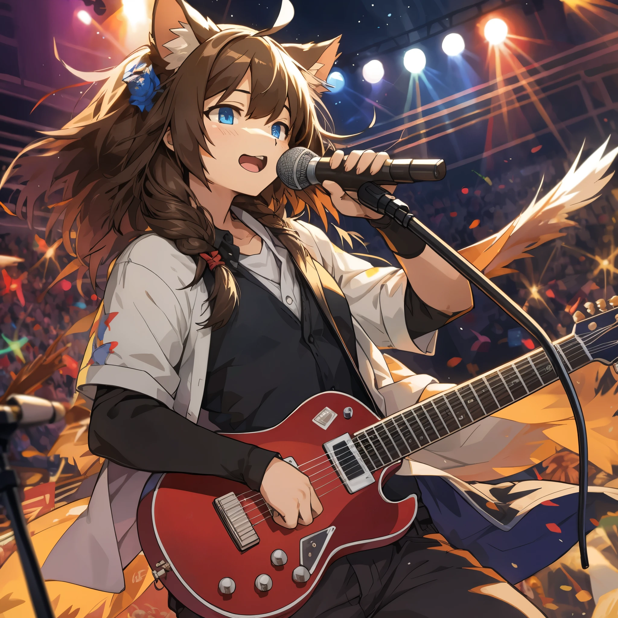 top quality, best quality, High-quality illustrations, masterpiece, super high resolution, detailed background, Rock Band Concerts, Musical instrument performance, Stage Performance, hot air, 6+boys, 6+girls, absurdres(highly detailed beautiful face and eyes)perfect anatomy, expression, good lighting, cinematic shadow(kemono, furry anthro)(sound effects, motion blur),