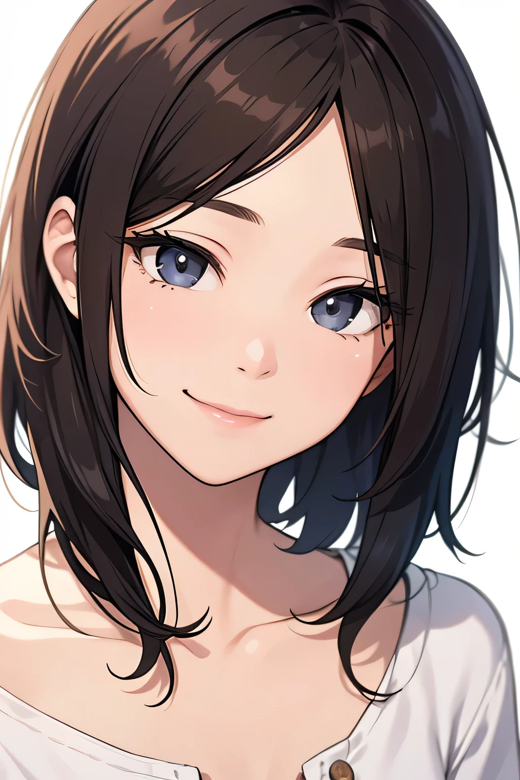 masterpiece, High resolution, High-definition CG Unity 8K,realistic,RAW photo, beautiful detailed face,detailed hair texture, beautiful face, beautiful belly,anatomically correct,(black eyes),symmetrical eyes,(small eyes:1.2),(single eyelid),(cute eyes:1.2),(droopy eyes:1.2), beautiful clavicle, (brown hair), (medium hair), (Low ponytail),(asymmetrical bangs:1.2),head tilt,(white henley shirt),(naughty smile),(white background),dynamic angle:1.2