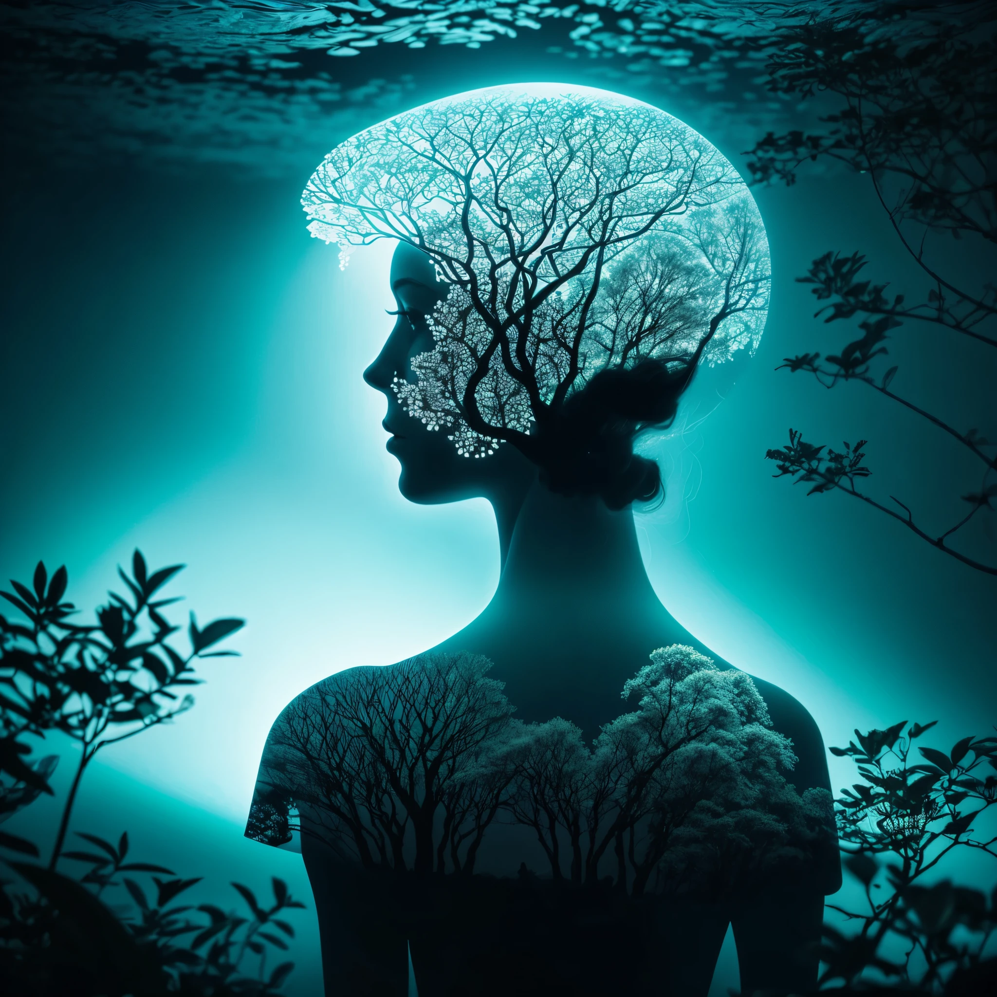 double exposure, solid white back ground, mysterious silhouette forest woman, bioluminescence , amazing depth, masterwork, surreal, geometric patterns, intricately detailed, bokeh, perfect balanced, deep fine borders, artistic photorealism, smooth, great masterwork by head of prompt engineering 