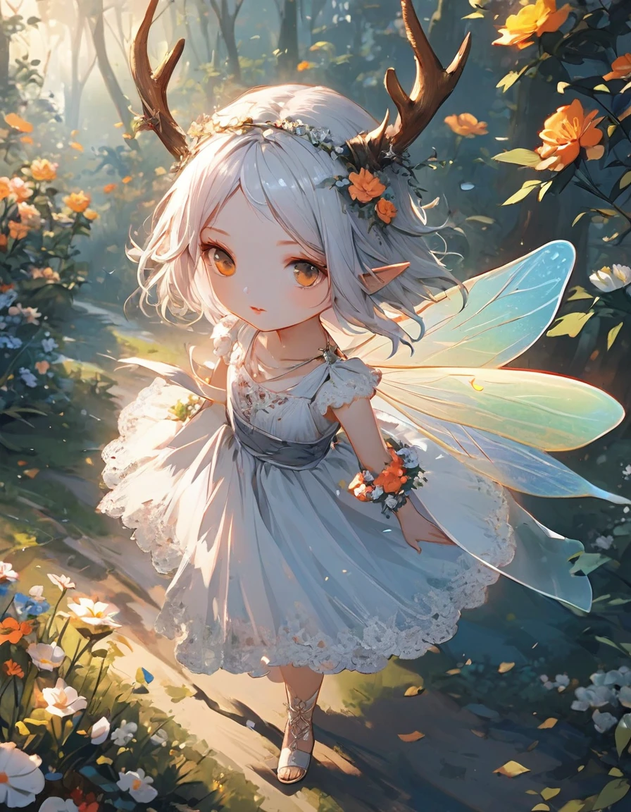 extremely delicate and beautiful,(fantasy),ultra detailed,(extreme detailed illustration),highres,translucent hair, (glowing inner hair),the perfect appearance,(Elk horn on head:1.15),white hair,[blue eyes | yellow eyes],(barefoot sandals:1.25),(forest:1.2),(lace-trimmed dress:1.15),(chiaroscuro lighting:1.2),see-through clothes,(profile:0.85),(looking at viewer:1.25),(flower bracelet),elf,short hair,(mature woman),walking,from above, (fairy wings:1.1), 1girl, xinniang,msn,backlight