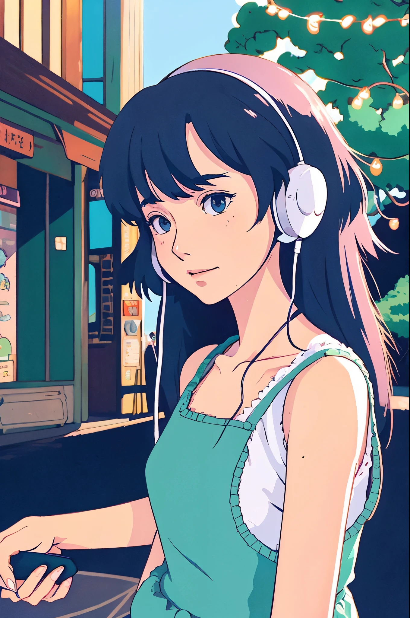 Ghibli style anime woman with earphoneachine、reading、Ghibli style illustration、city pop