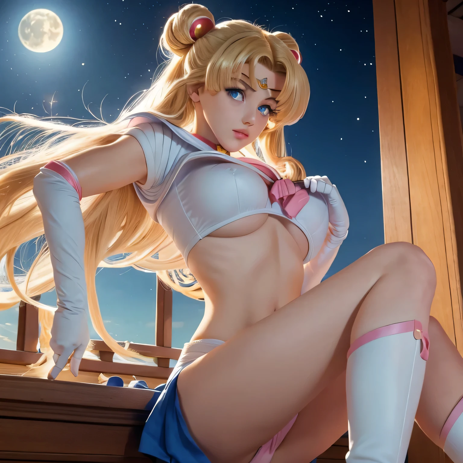 Sailor moon, (masterpiece), blonde hair, blue eyes, expressive eyes, beautiful woman, long hair, pink bra, cleavage, round breasts, moon tiara, white panties, round buttocks, blue boots