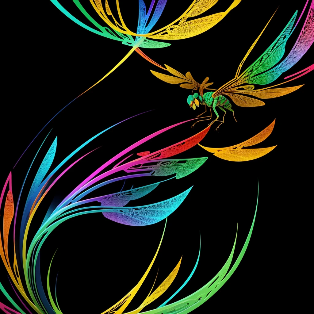 vibrant, eye-catching logo featuring a stylized dragonfly, with its elongated body and translucent wings spread wide, hovering gracefully. The dragonfly's wings are adorned with intricate patterns and shimmering colors, creating a mesmerizing effect. The overall design is contemporary and sleek, with a sense of movement and energy, making it suitable for branding or design purposes. vector art, white background, illustration, 3d render, vibrant