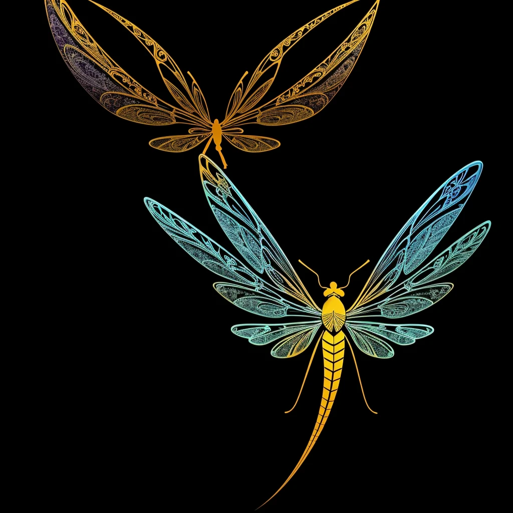 vibrant, eye-catching logo featuring a stylized dragonfly, with its elongated body and translucent wings spread wide, hovering gracefully. The dragonfly's wings are adorned with intricate patterns and shimmering colors, creating a mesmerizing effect. The overall design is contemporary and sleek, with a sense of movement and energy, making it suitable for branding or design purposes. vector art, white background, illustration, 3d render, vibrant