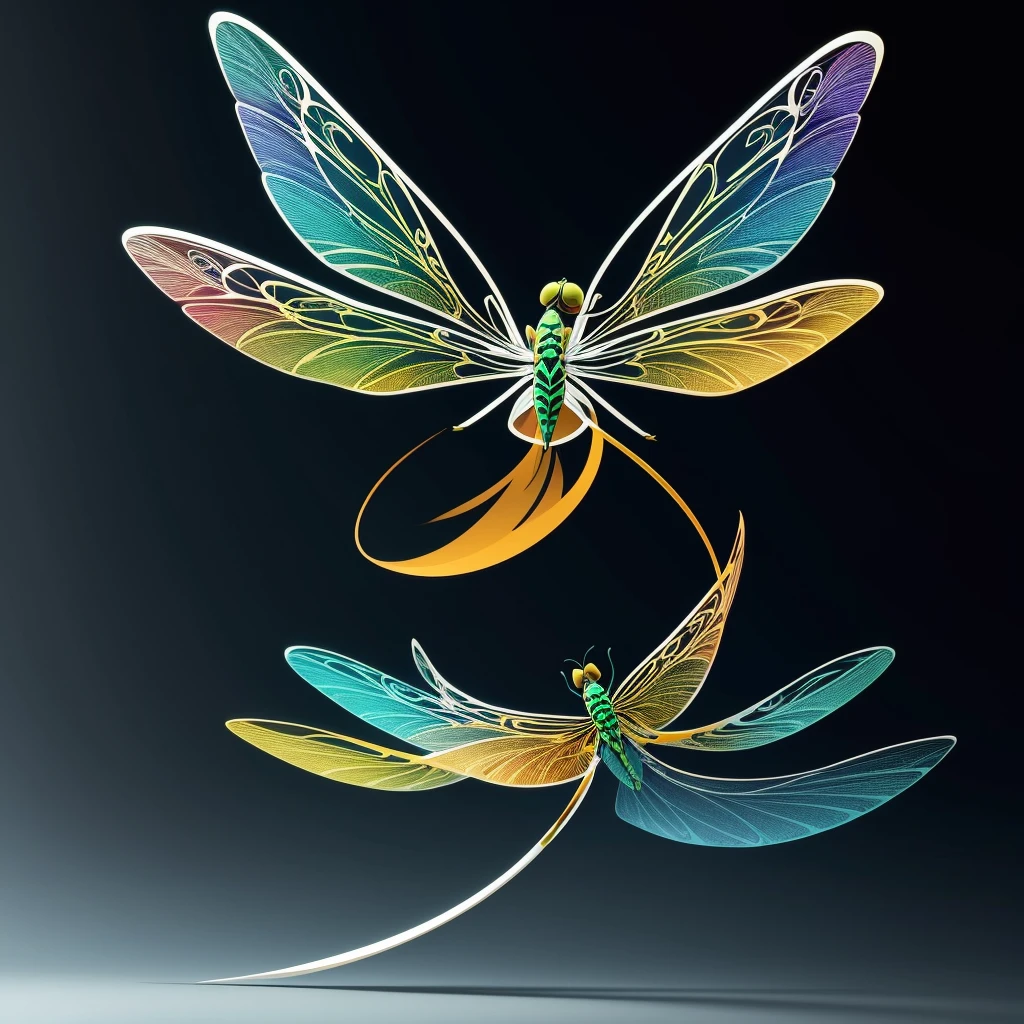 vibrant, eye-catching logo featuring a stylized dragonfly, with its elongated body and translucent wings spread wide, hovering gracefully. The dragonfly's wings are adorned with intricate patterns and shimmering colors, creating a mesmerizing effect. The overall design is contemporary and sleek, with a sense of movement and energy, making it suitable for branding or design purposes. vector art, white background, illustration, 3d render, vibrant