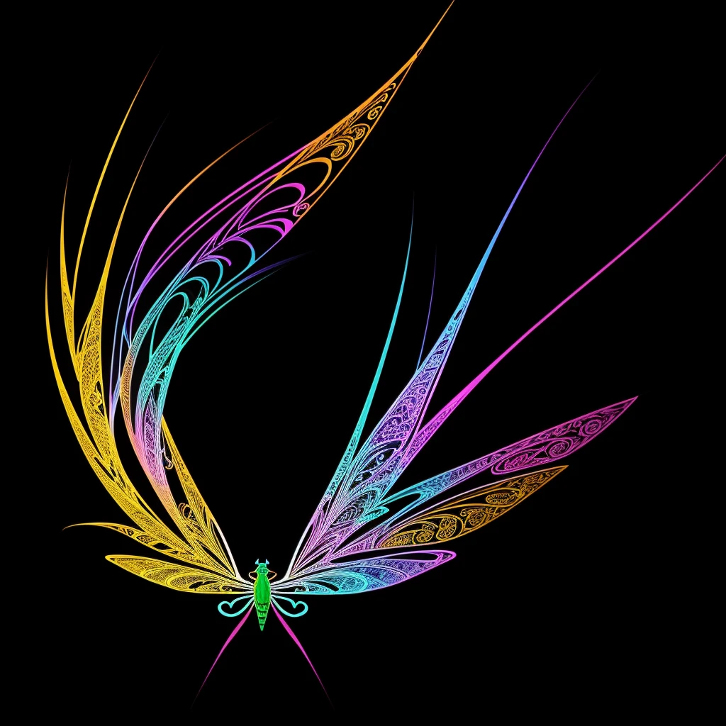 vibrant, eye-catching logo featuring a stylized dragonfly, with its elongated body and translucent wings spread wide, hovering gracefully. The dragonfly's wings are adorned with intricate patterns and shimmering colors, creating a mesmerizing effect. The overall design is contemporary and sleek, with a sense of movement and energy, making it suitable for branding or design purposes. vector art, white background, illustration, 3d render, vibrant