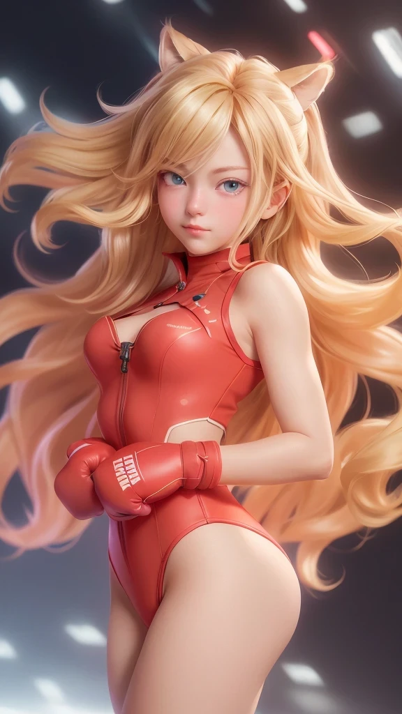 16k, RAW photo, Top quality, Masterpiece:boxing gloves（down view），dynamic angle，ultra - detailed，illustratio，closeup cleavage，Looking directly at，1girl，（（souryuu asuka langley，Interface headset，red leotard：1.4，The blonde）），Her eyes shone like dreamy stars，（Glowing eyes：1.233），（beautiful and detailed eye：1.1），（expressiveless，Keep your mouth shut），（standing on your feet），（Mechanical room with tools and spaceship windows in a white spaceship），（the night：1.2），dream-like，[[Delicate fingers and hands：0.55]：：0.85]，（detail finger），
