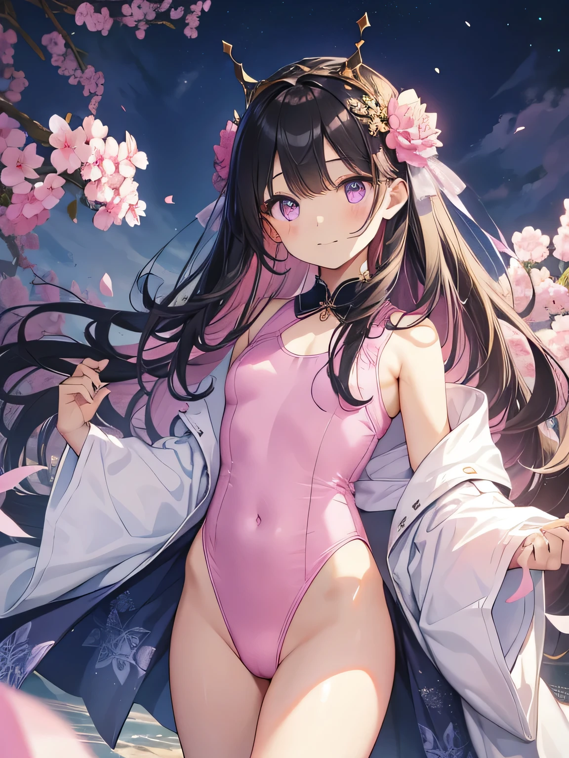highest quality、Highest image quality、beautiful eyes、very delicate and beautiful、beautiful eyes、beautiful eyes、pink eyes、Soio、Soio、11 year old girl、Japanese、、Chiquita、Noble、primary school student、black hair、barefoot、(Judo)、(((The lower body is in a pink leotard)))、(High leg)、tiara on head、smile、standing and facing the front、The background is the city