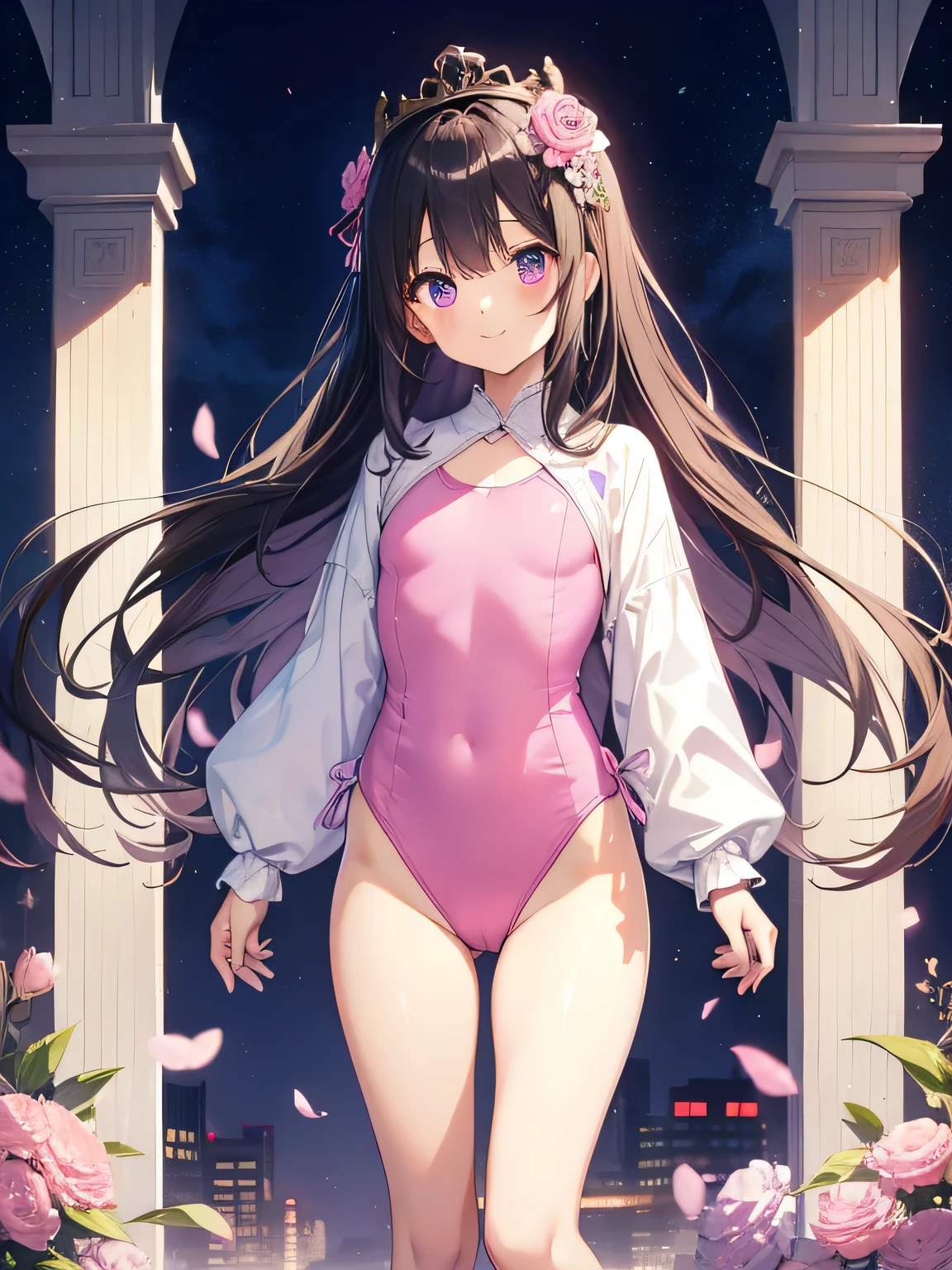 highest quality、Highest image quality、beautiful eyes、very delicate and beautiful、beautiful eyes、beautiful eyes、pink eyes、Soio、Soio、 girl、Japanese、、Chiquita、Noble、primary school student、black hair、barefoot、(Judo)、(((The lower body is in a pink leotard)))、(High leg)、tiara on head、smile、standing and facing the front、The background is the city