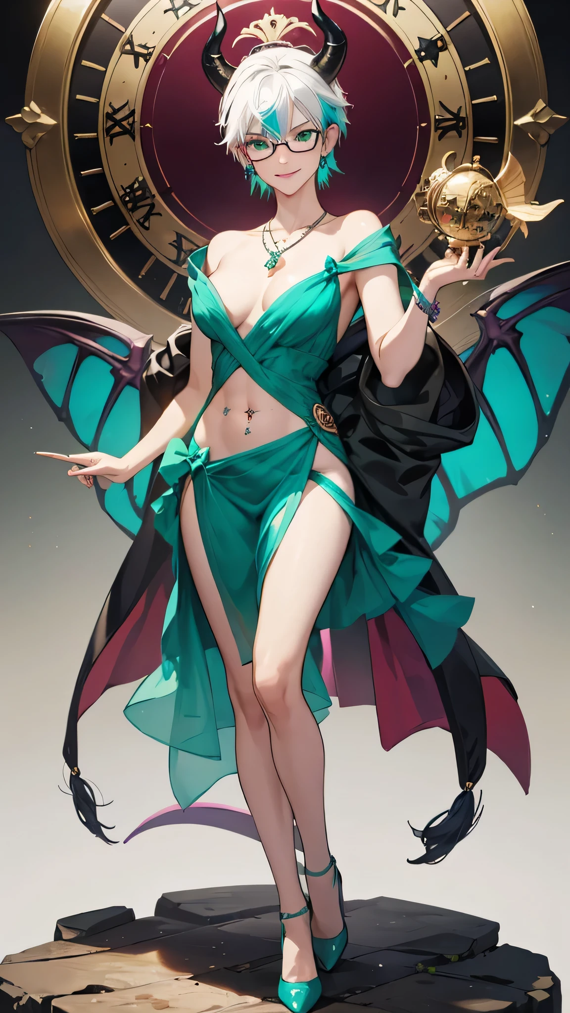 8k, masterpiece, best quality, highly detailed, 1girl, tiefling, puppeteer, multicolored hair, very short straight hair green highlight hair on white hair, strippled hair, wearing glasses, earrings, necklace, mole, glowing green eyes, glamorous, background full of strings and puppets, teal and purple dress, butterfly, high heels, navel piercing, villainy, smirk, seductive pose, close up view, rings, looking at viewer, demon horns, standing, artisan clock maker, fullbody view.