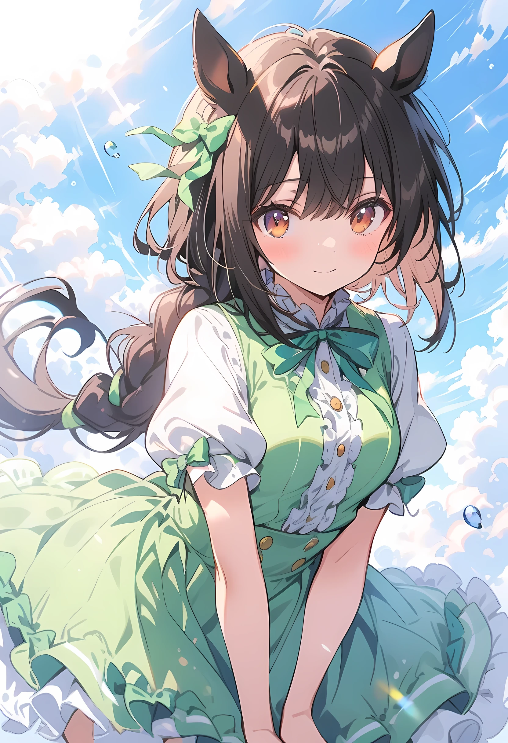 1 girl, alone, fresh beans, Horse girl, horse ear, ponytail, brown eyes, brown hair, long hair, faint smile, ear arch, frilly skirt, green skirt, high waist skirt, puffy short sleeves, thin, thin and long, (Japanese:0.8)